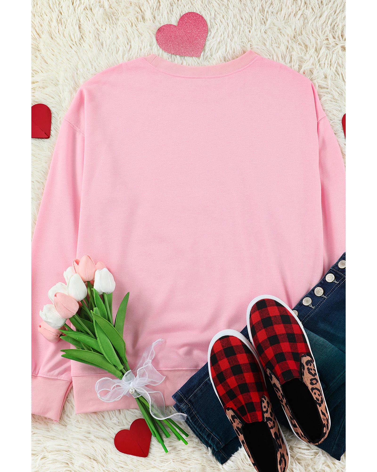 Pink Glitter Chenille Heart Patch Valentines Sweatshirt - L
