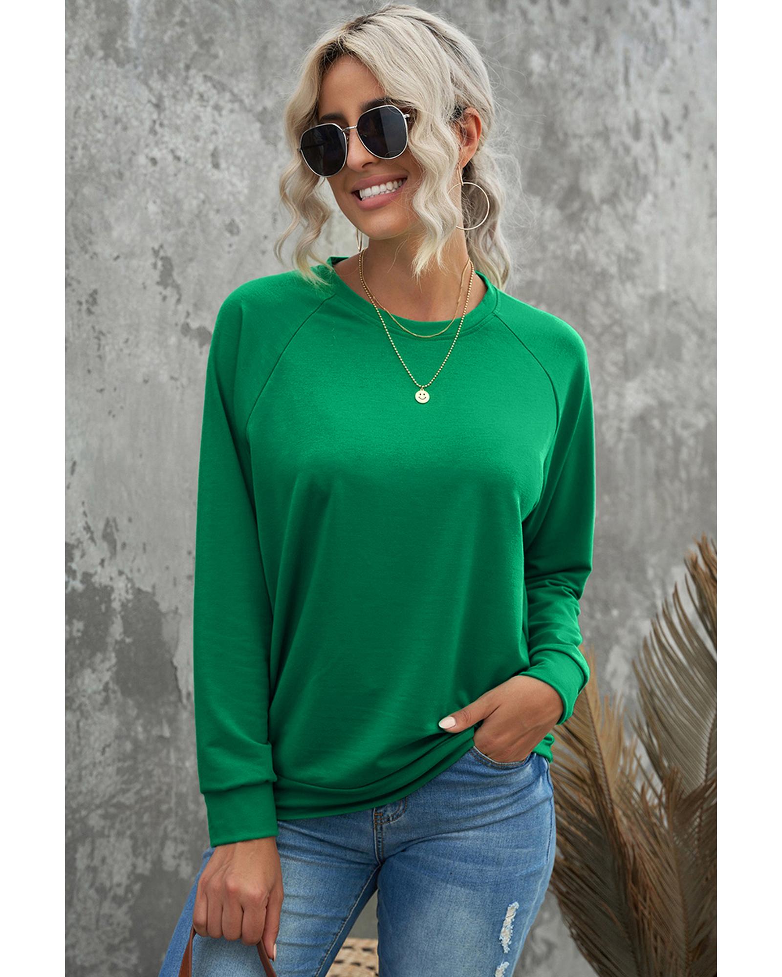 Green Solid Round Neck Raglan Sleeve Sweatshirt - S