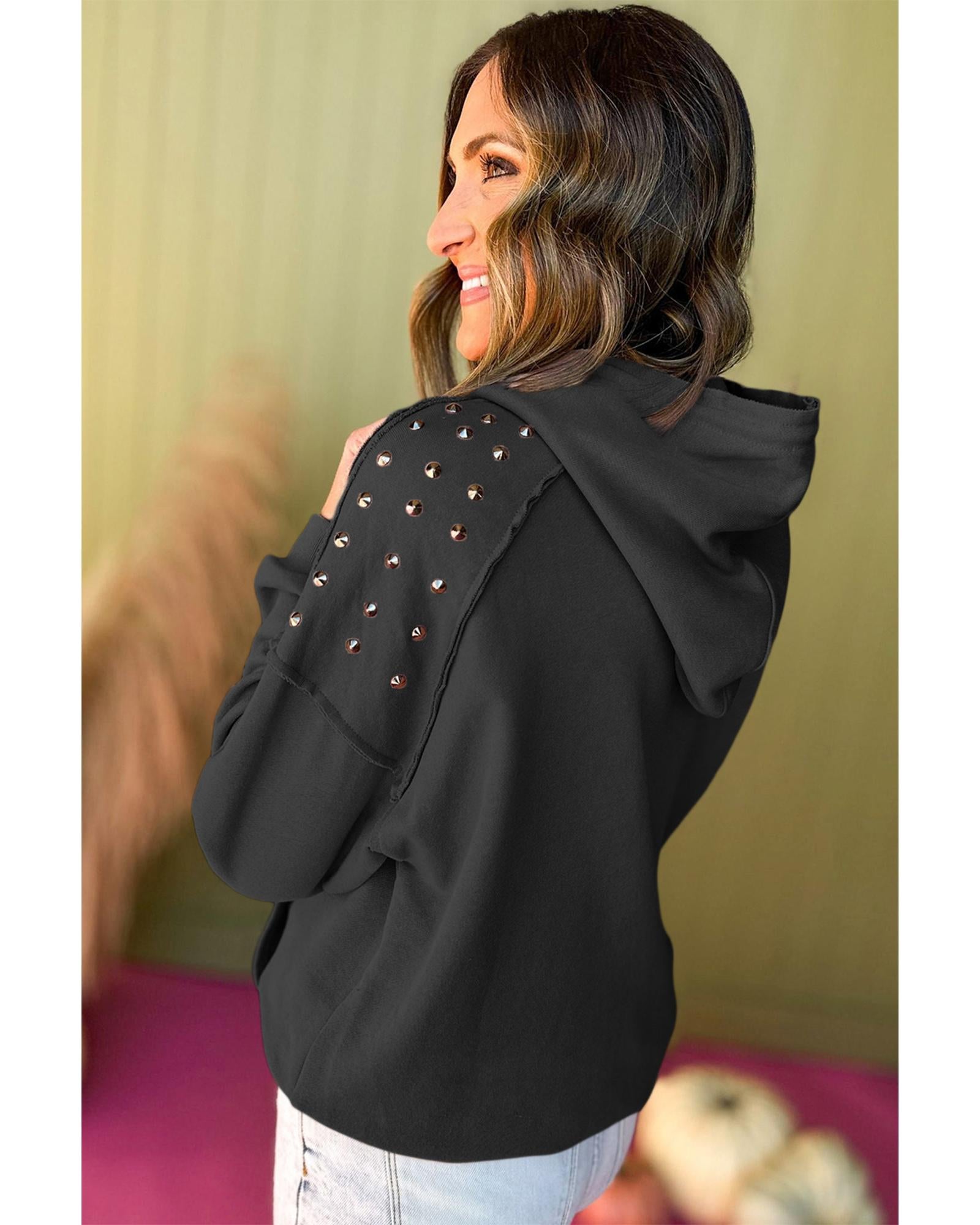 Black Solid Color Rivet Stud Raglan Sleeve Hoodie with Pocket - M