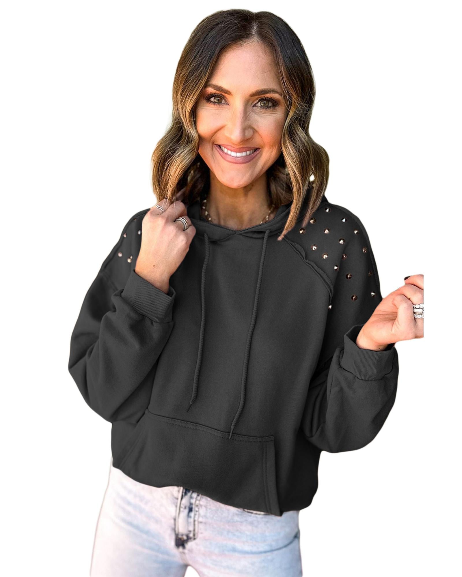 Black Solid Color Rivet Stud Raglan Sleeve Hoodie with Pocket - M