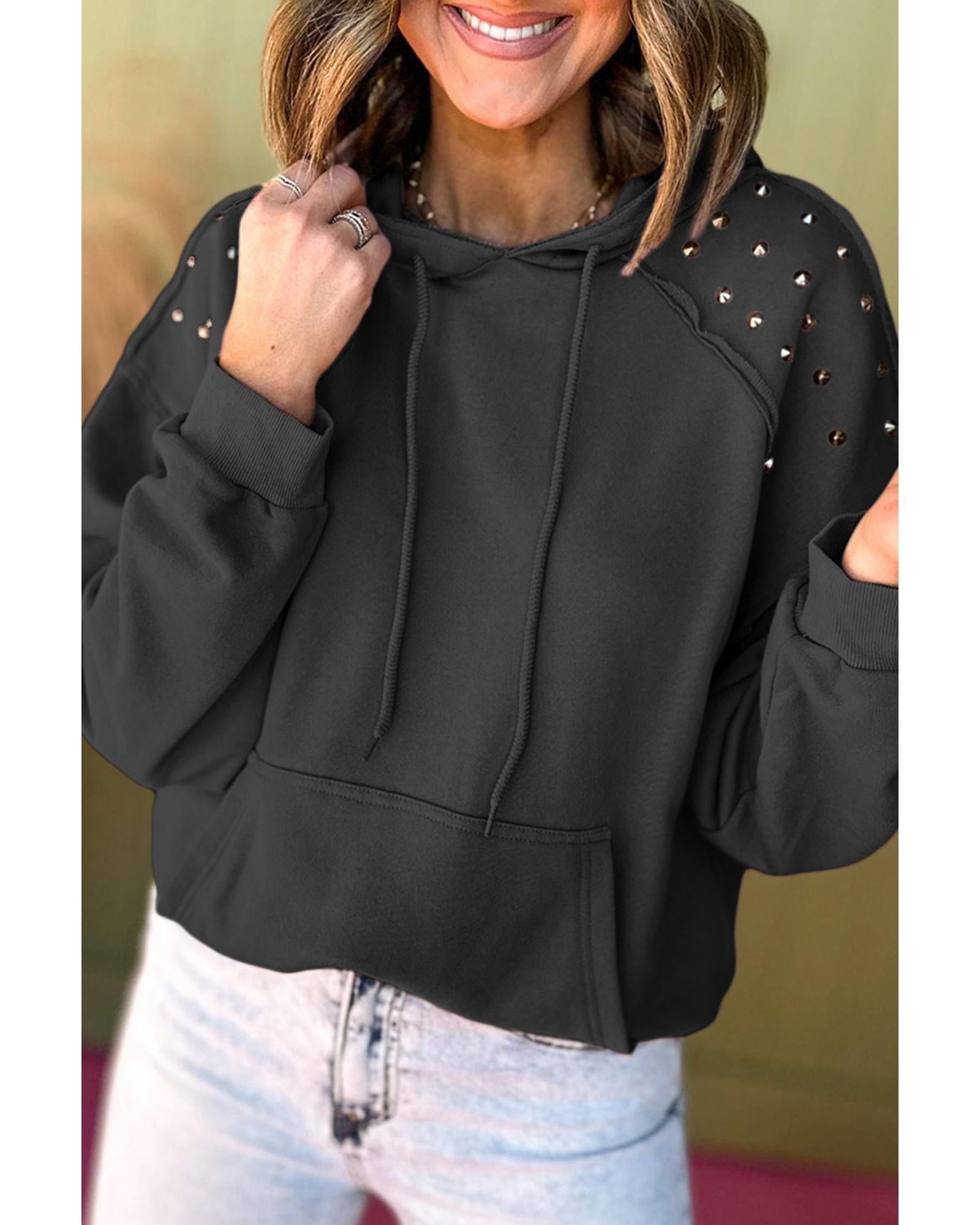 Black Solid Color Rivet Stud Raglan Sleeve Hoodie with Pocket - M