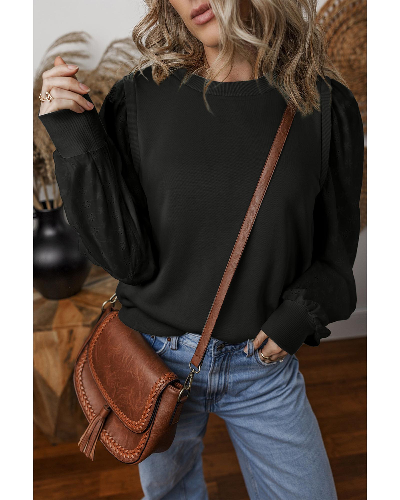 Black Textured Patchwork Round Neck Sweatshirt - M
