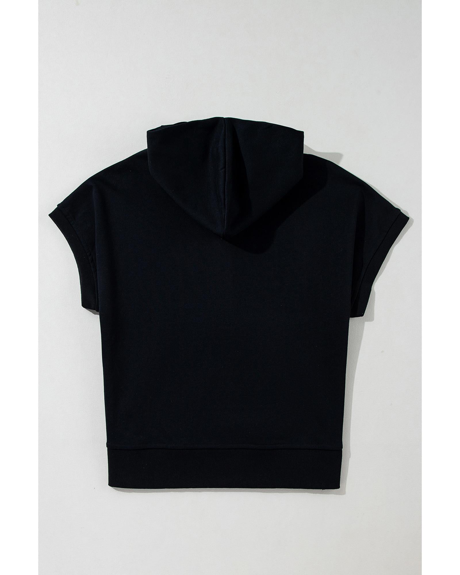 Black Half Zipper Kangaroo Pocket Short Sleeve Hoodie - L