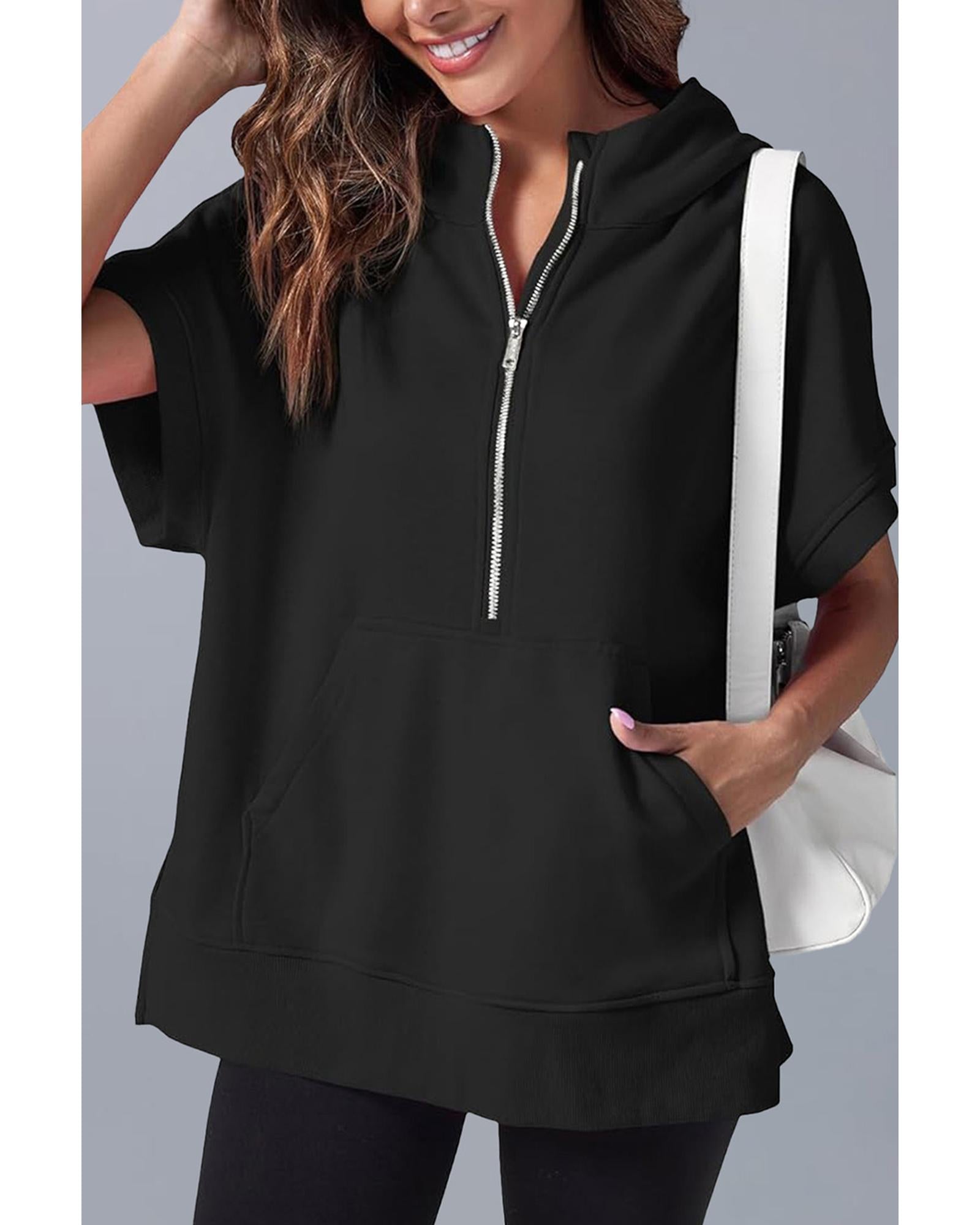 Black Half Zipper Kangaroo Pocket Short Sleeve Hoodie - S