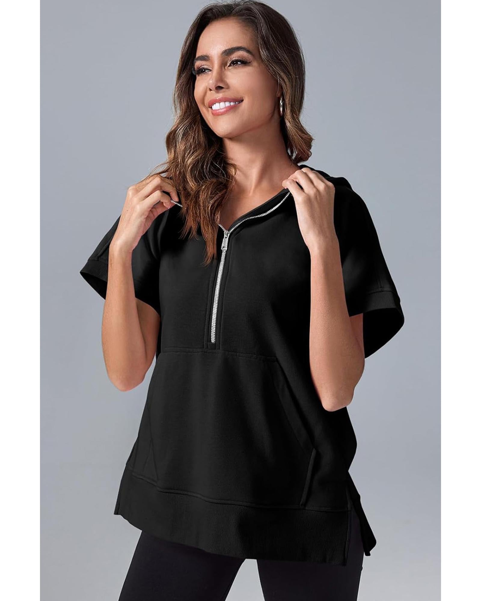Black Half Zipper Kangaroo Pocket Short Sleeve Hoodie - S