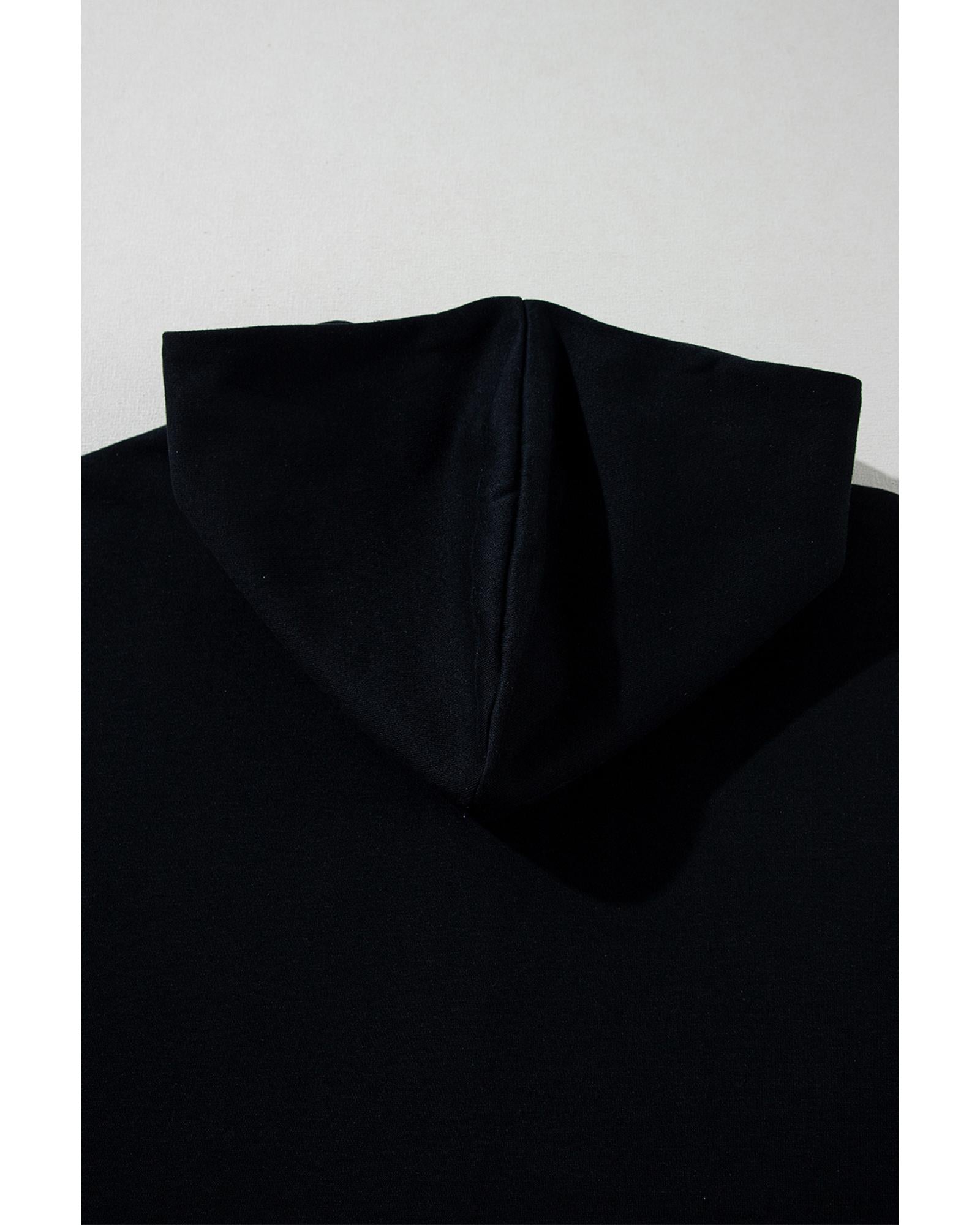 Black Half Zipper Kangaroo Pocket Short Sleeve Hoodie - S