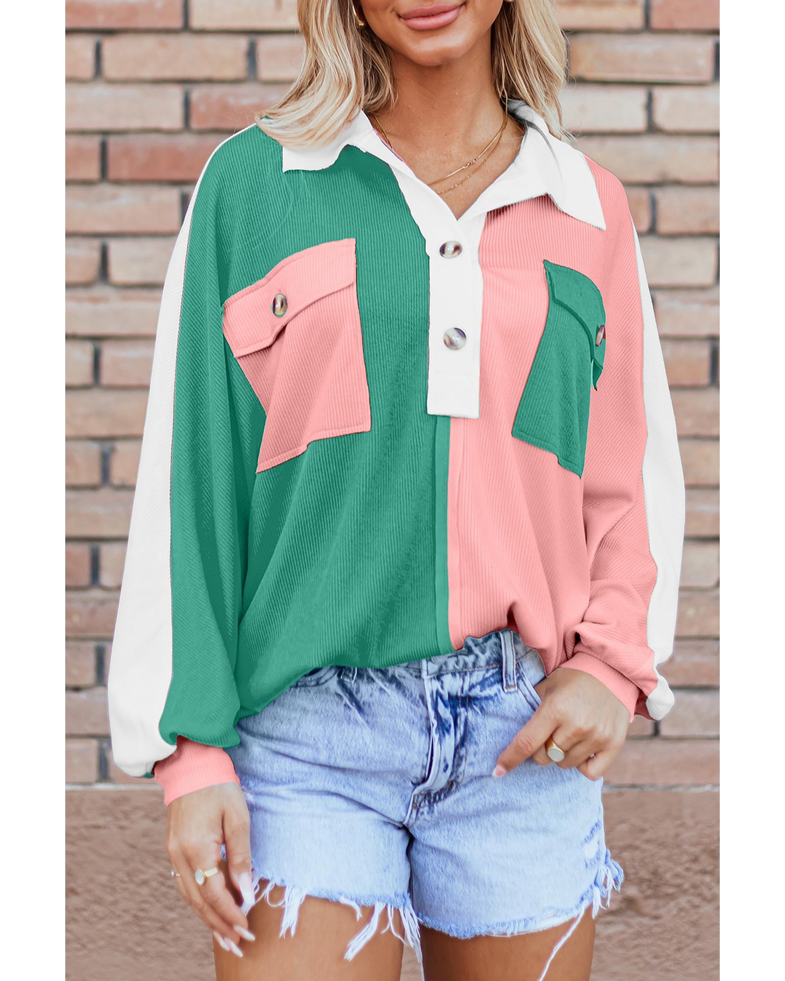 Pink Colorblock Ribbed Collared Oversized Sweatshirt - XL