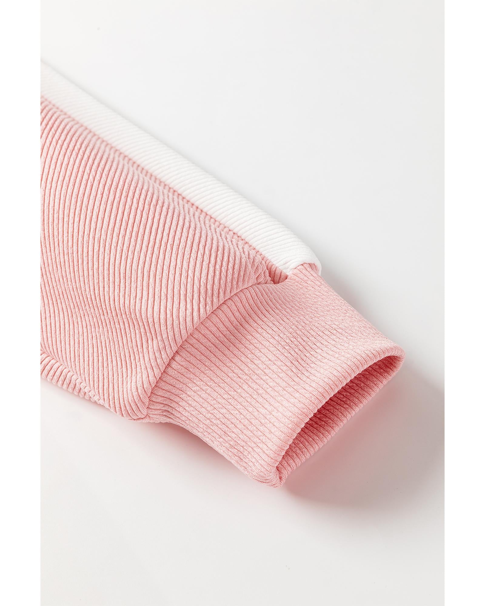 Pink Colorblock Ribbed Collared Oversized Sweatshirt - XL