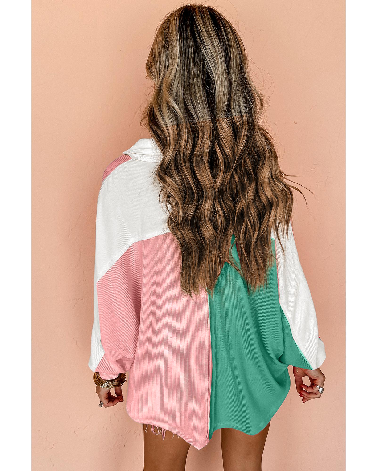 Pink Colorblock Ribbed Collared Oversized Sweatshirt - XL