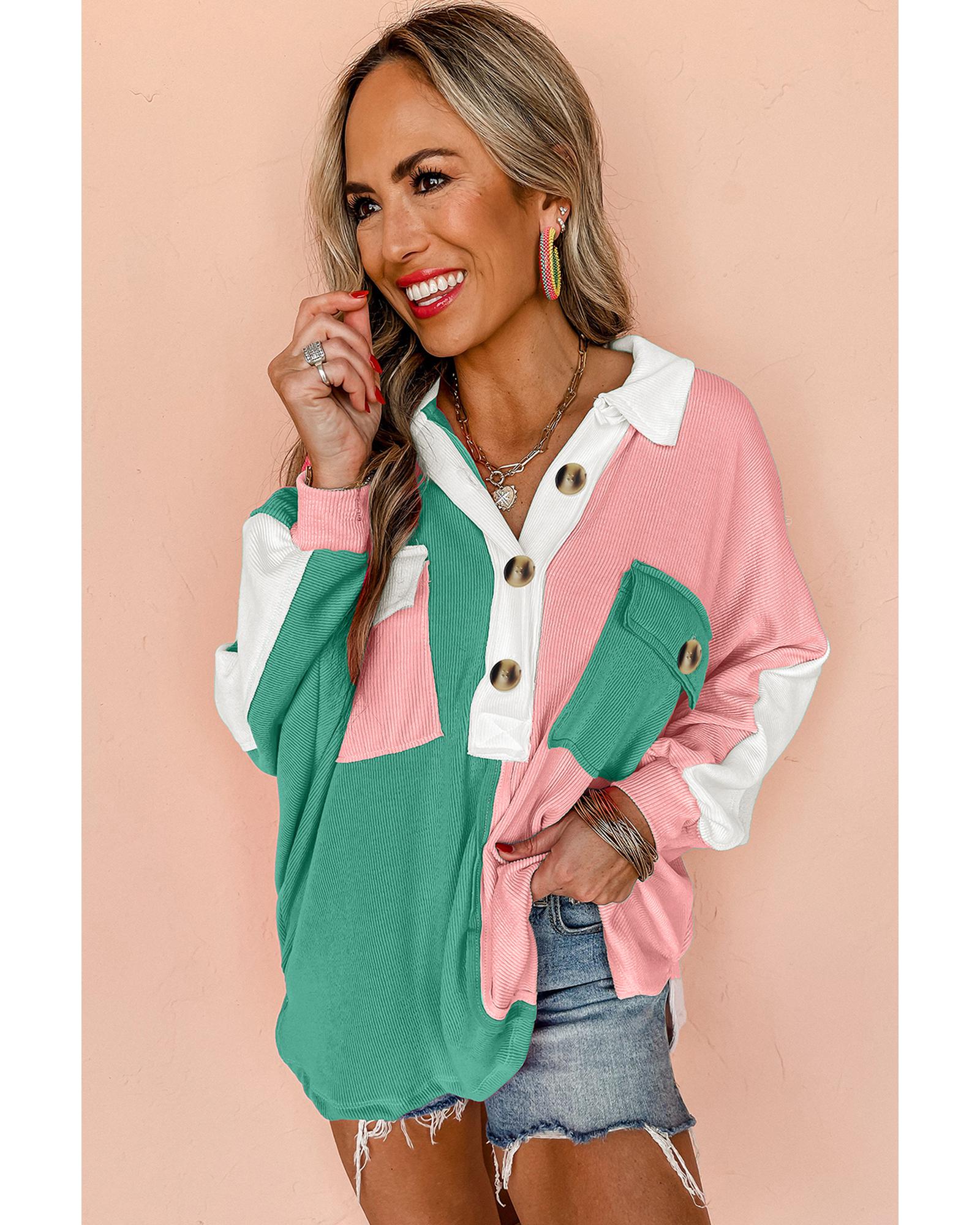 Pink Colorblock Ribbed Collared Oversized Sweatshirt - XL