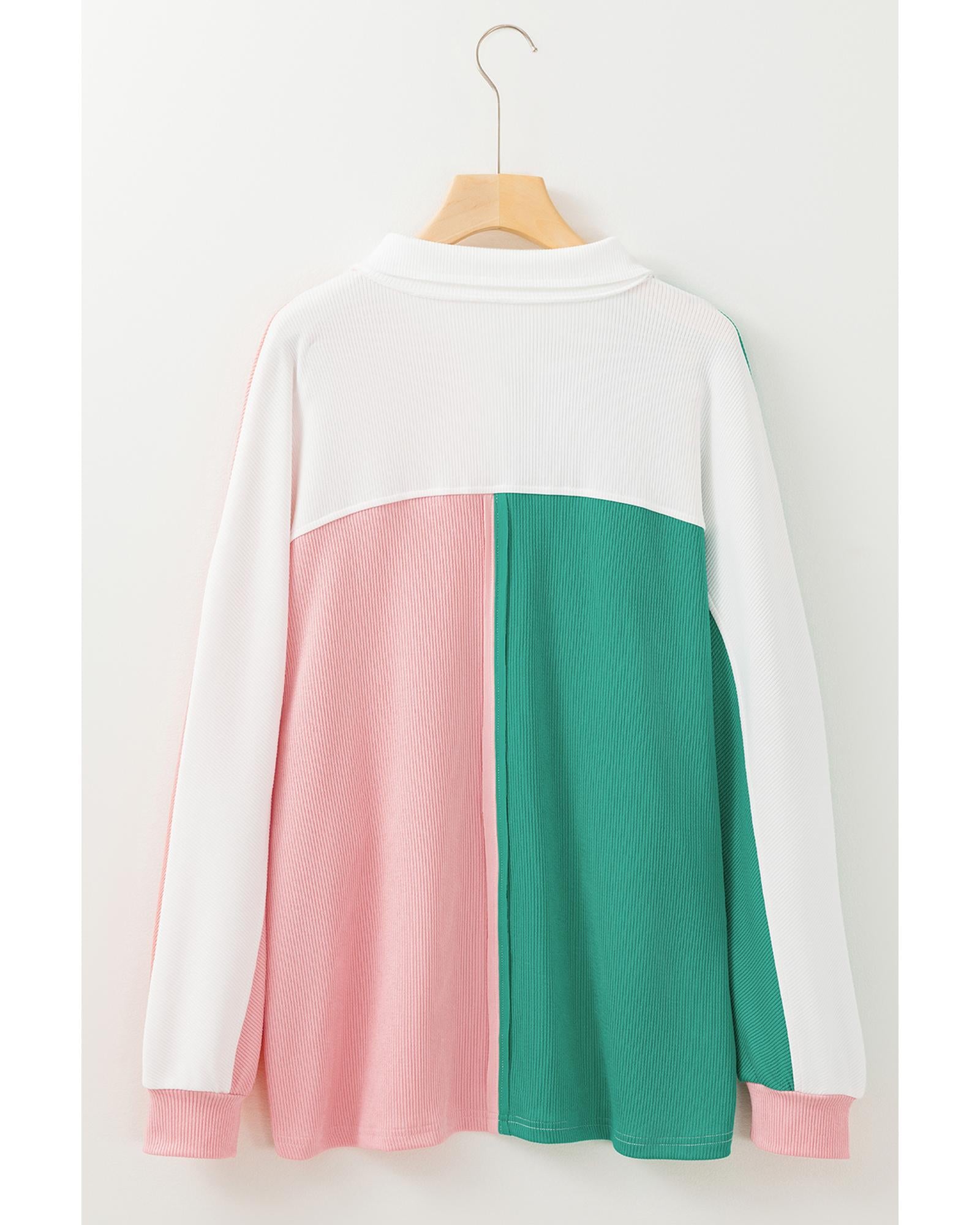 Pink Colorblock Ribbed Collared Oversized Sweatshirt - XL