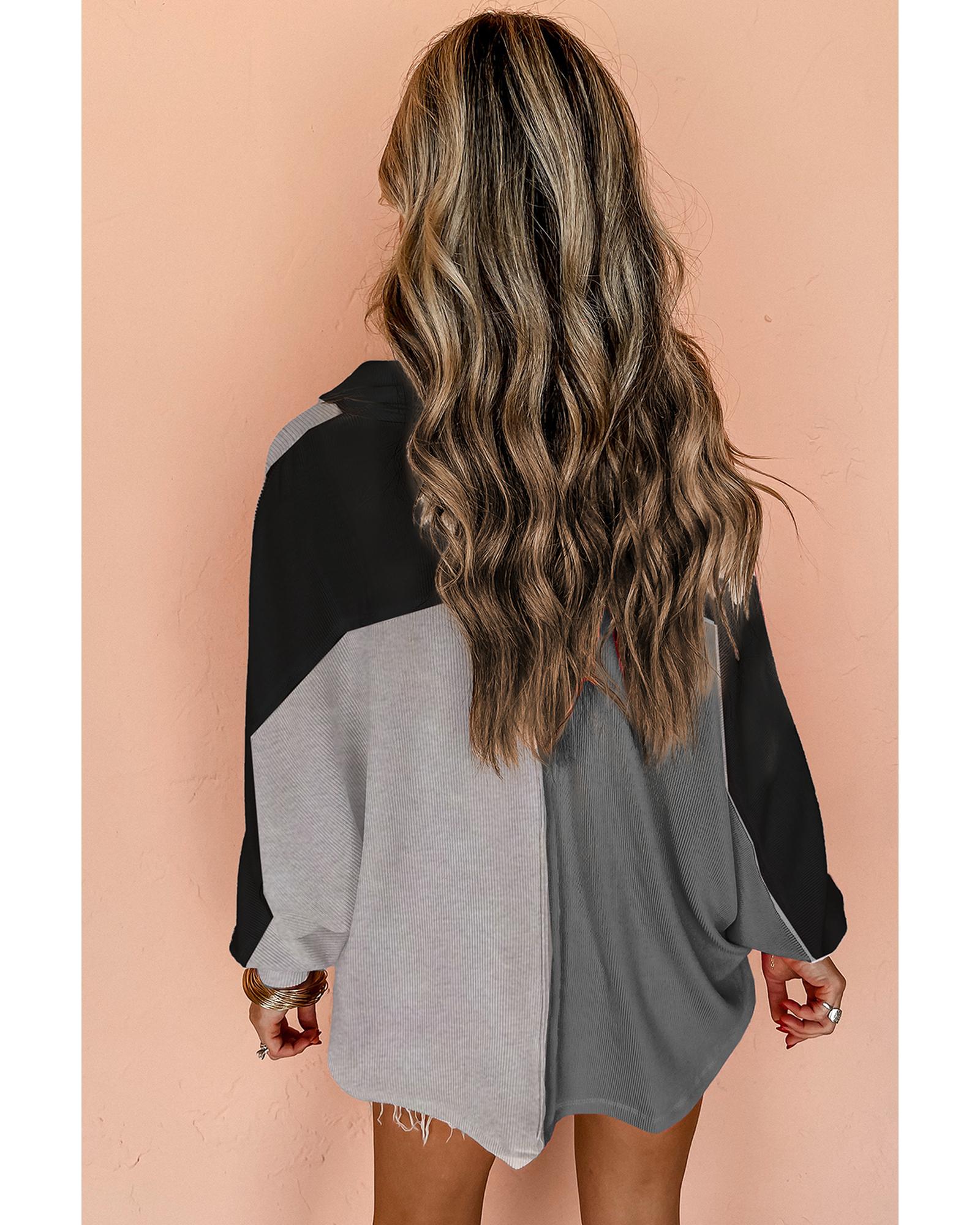 Gray Colorblock Ribbed Collared Oversized Sweatshirt - L