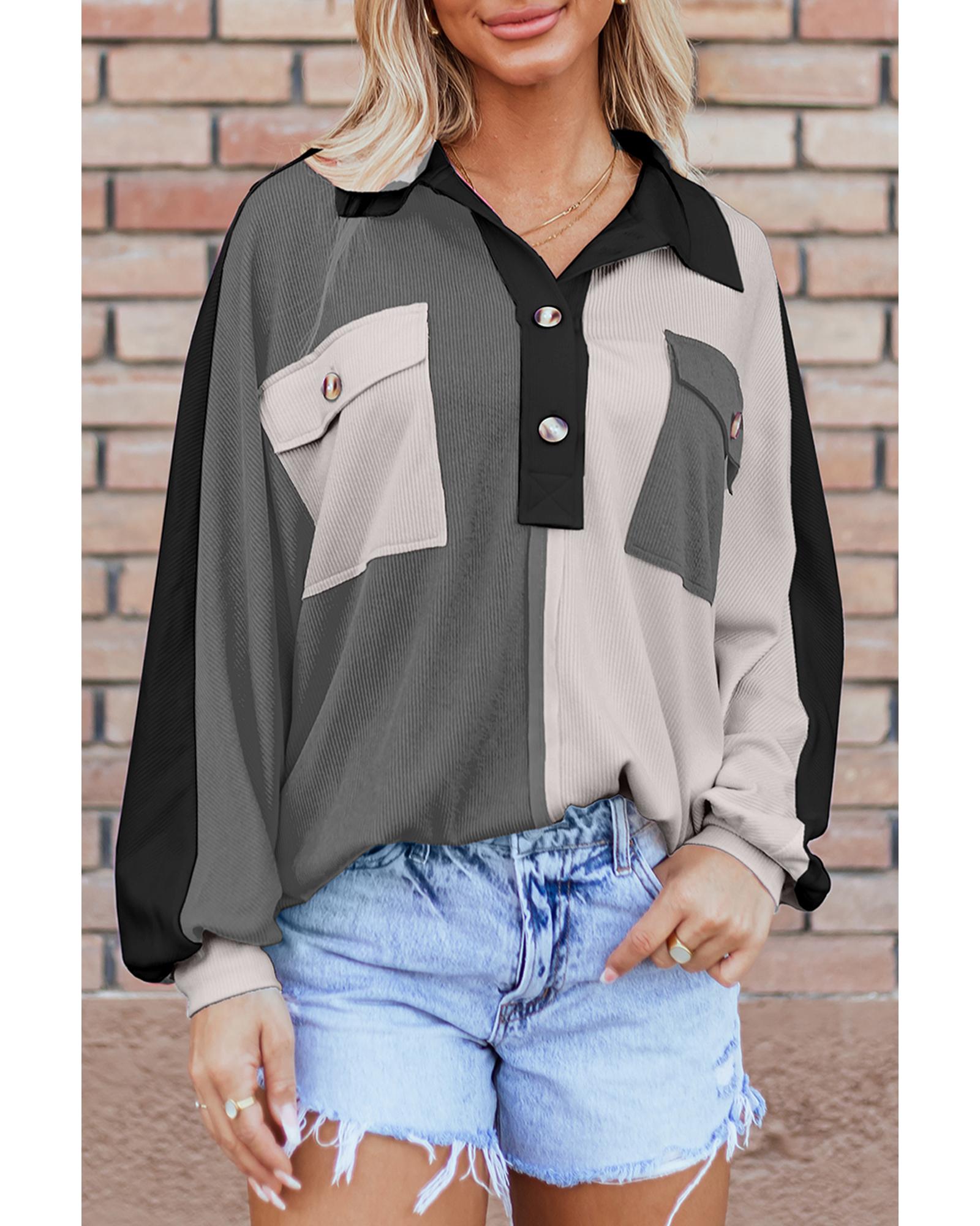 Gray Colorblock Ribbed Collared Oversized Sweatshirt - L