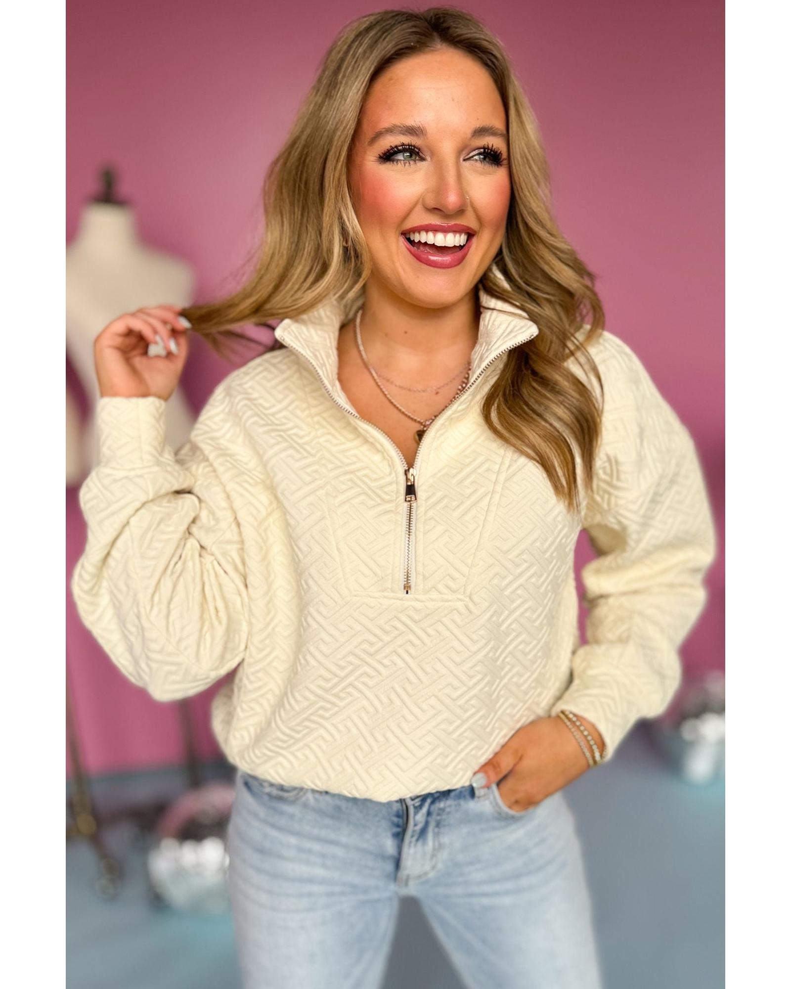 Beige Solid Textured Half Zipper Collared Sweatshirt - XL