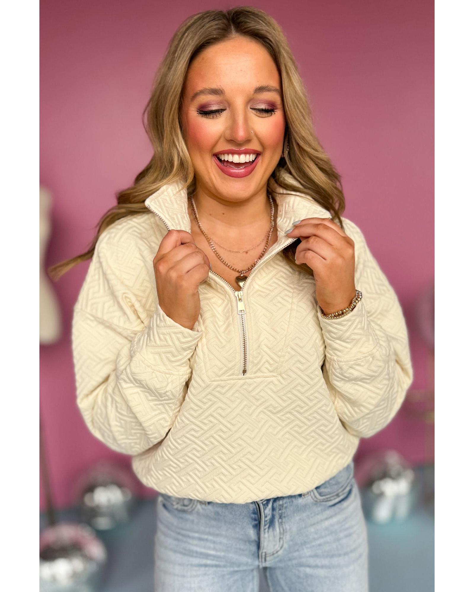 Beige Solid Textured Half Zipper Collared Sweatshirt - XL