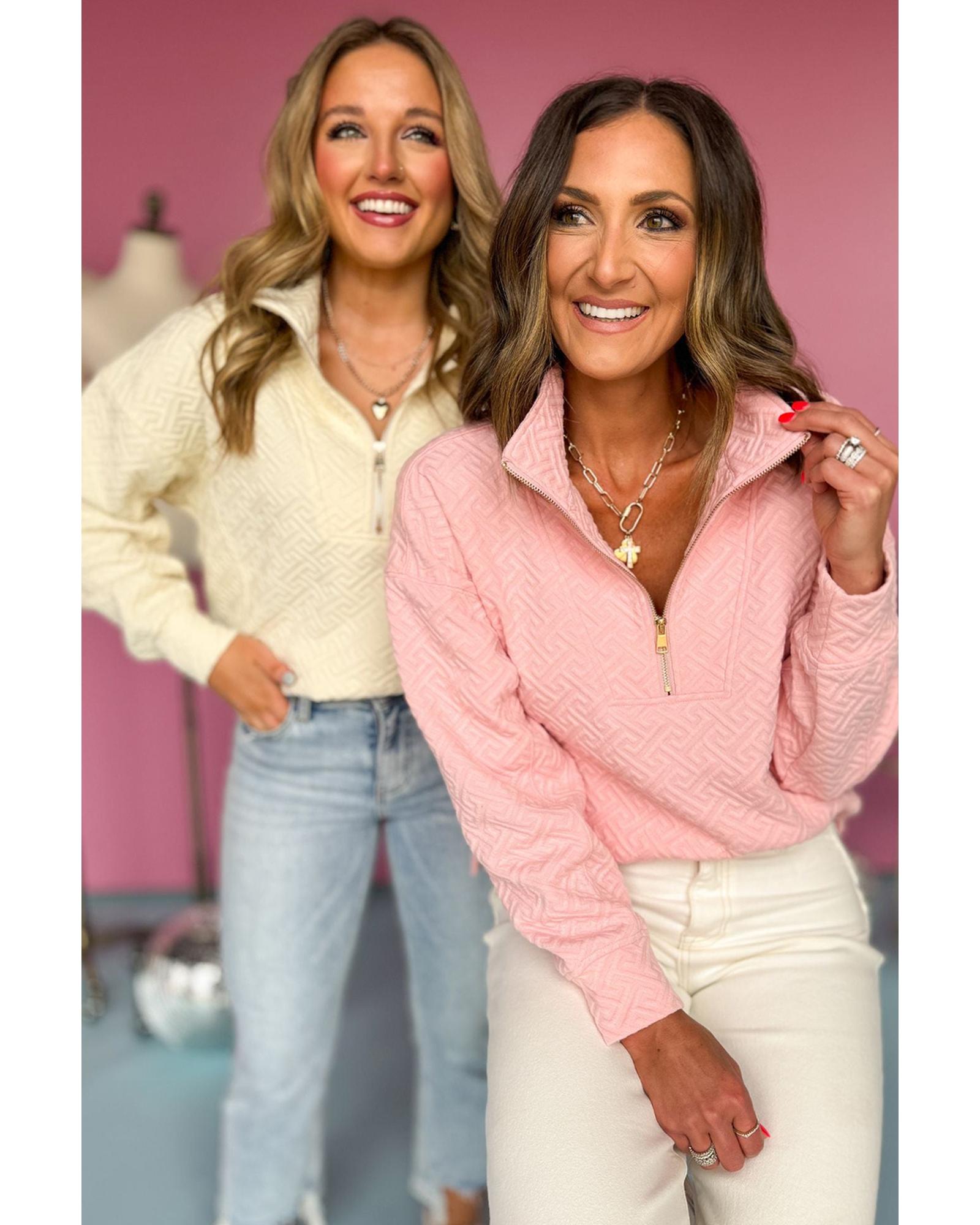 Beige Solid Textured Half Zipper Collared Sweatshirt - XL