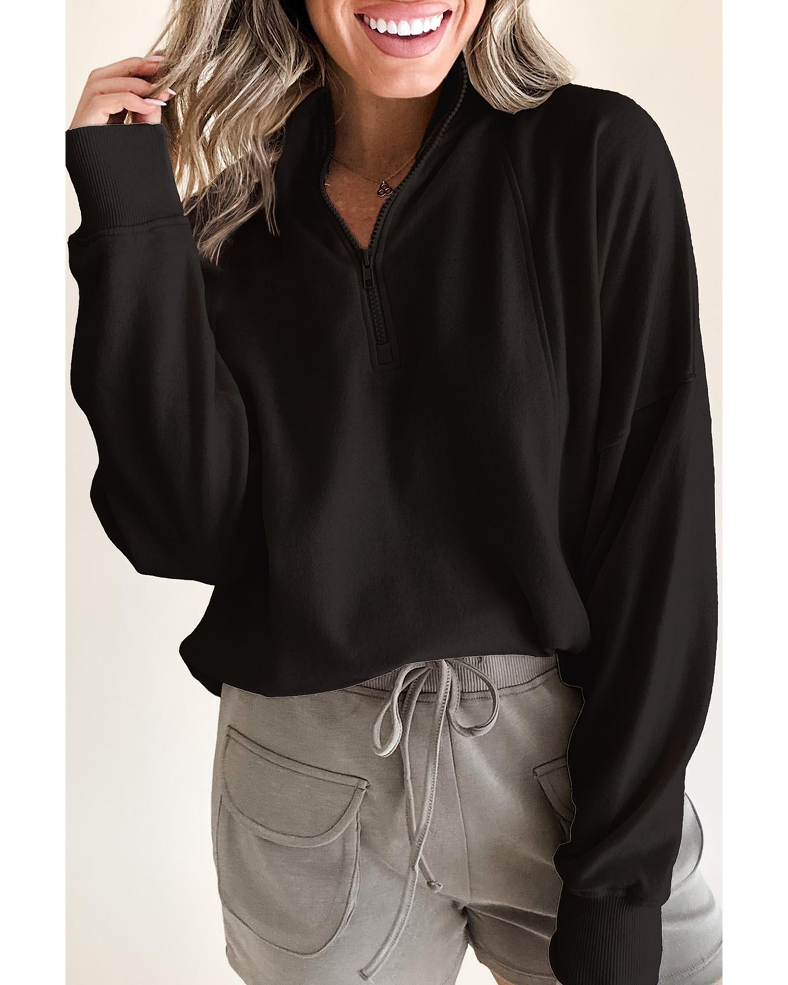 Black Zipped Neck Pullover Drop Shoulder Sweatshirt - XL