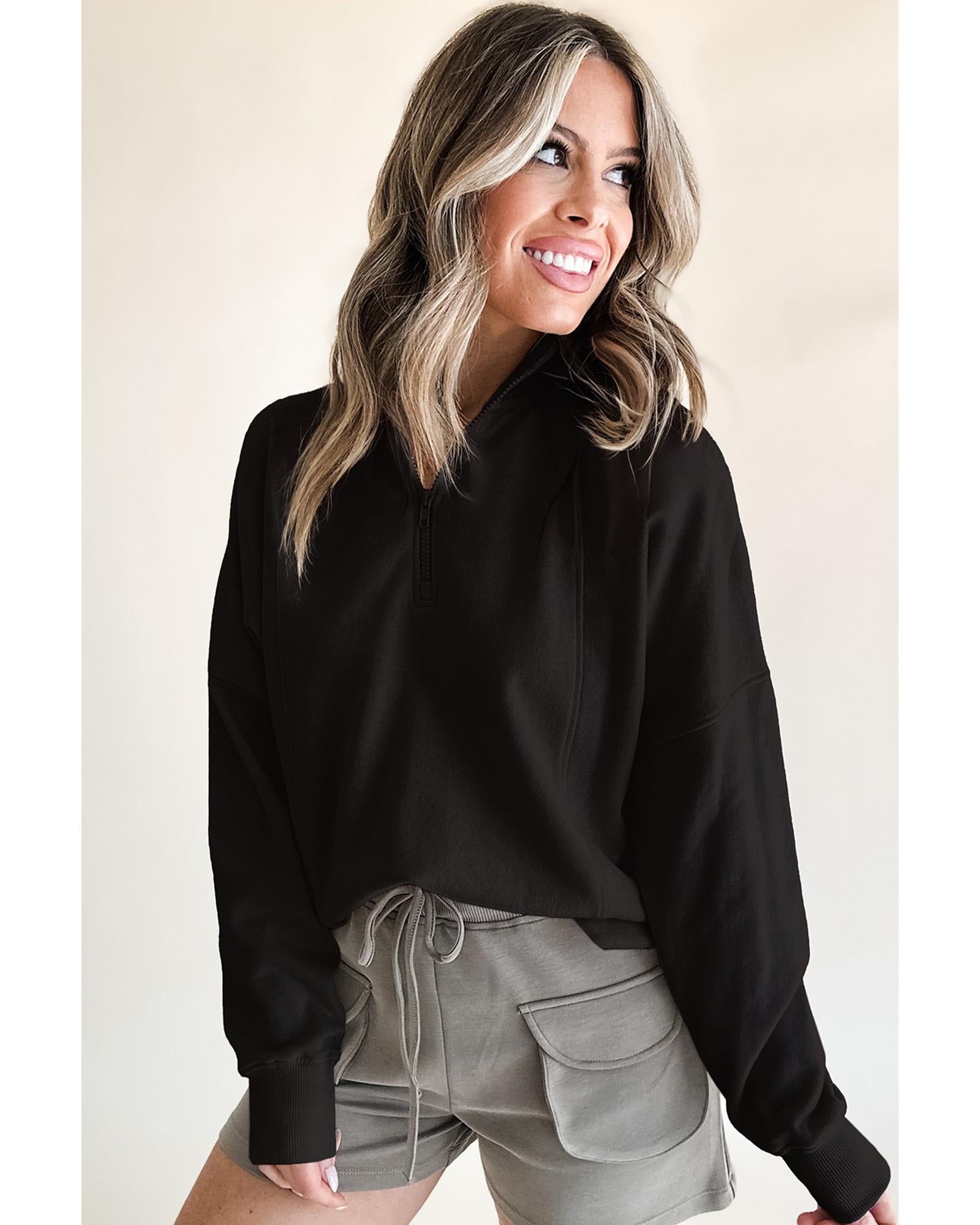 Black Zipped Neck Pullover Drop Shoulder Sweatshirt - XL