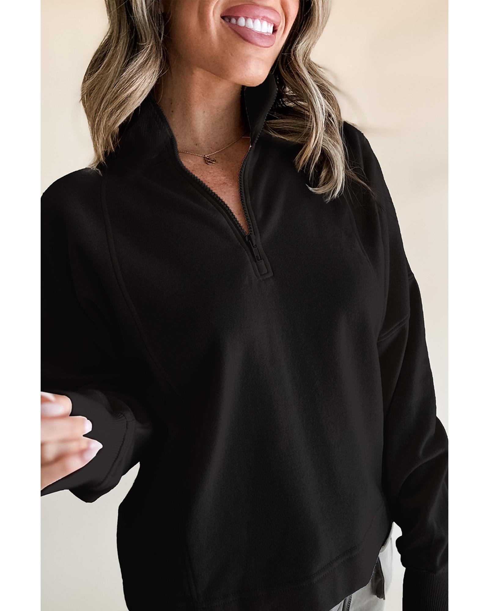 Black Zipped Neck Pullover Drop Shoulder Sweatshirt - XL