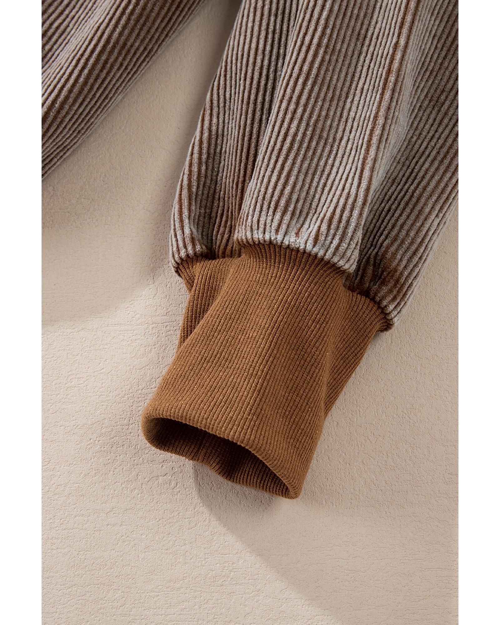 Chestnut Half Zipper Kangaroo Pocket Drawstring Corduroy Hoodie - L