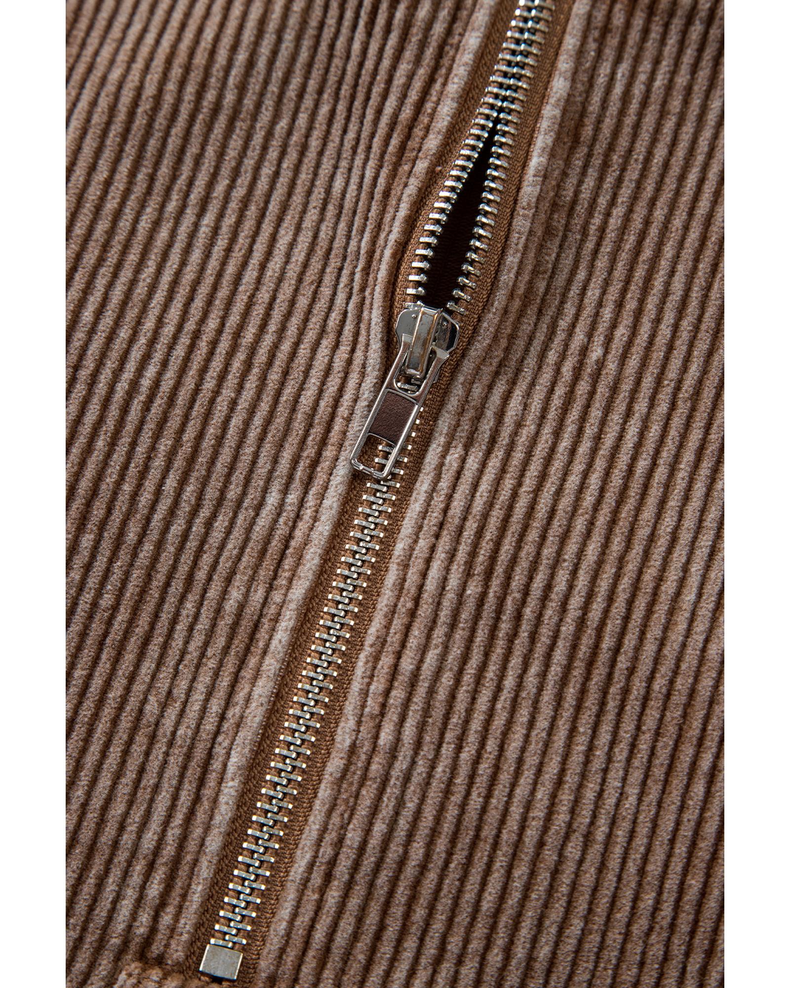 Chestnut Half Zipper Kangaroo Pocket Drawstring Corduroy Hoodie - L