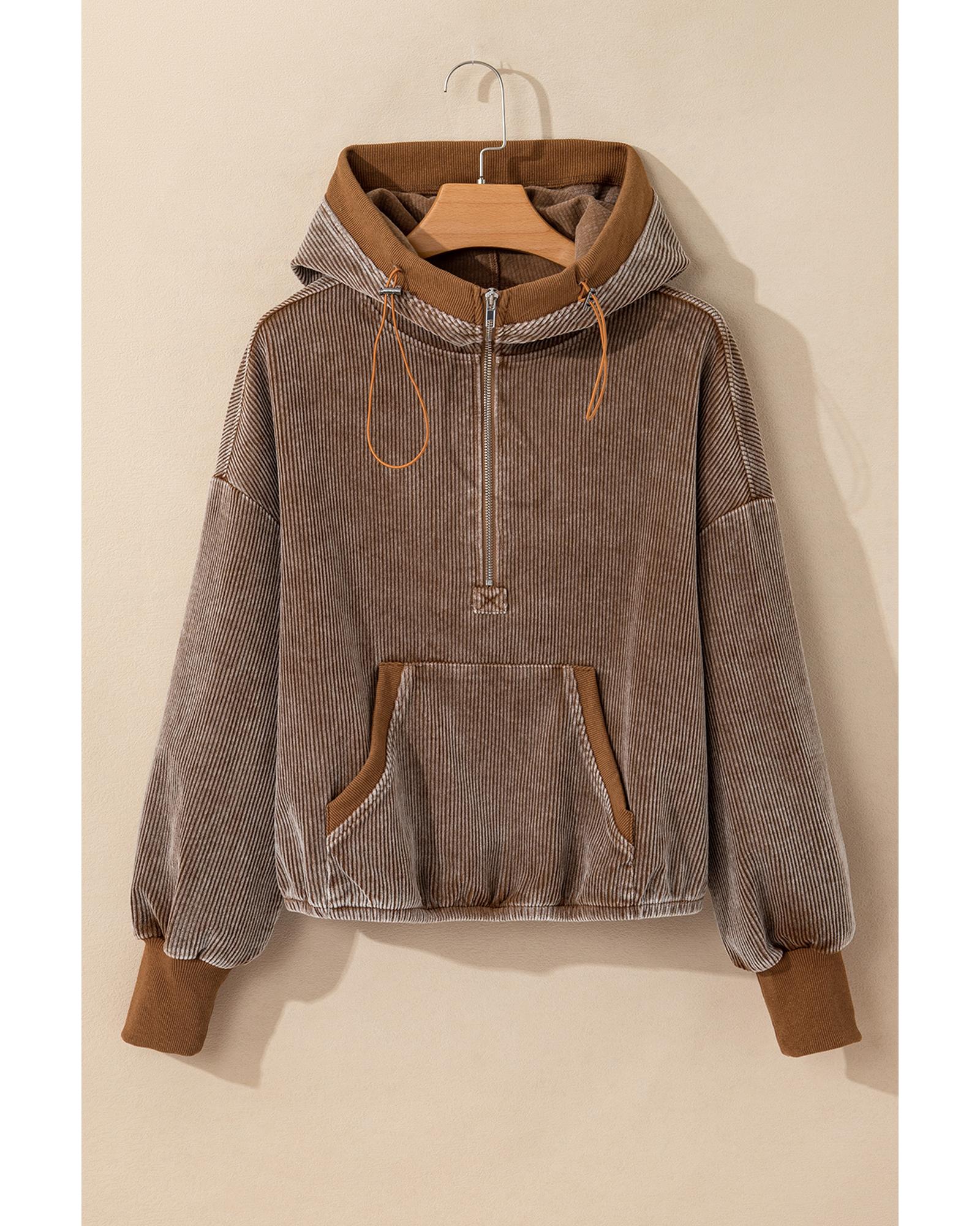 Chestnut Half Zipper Kangaroo Pocket Drawstring Corduroy Hoodie - L