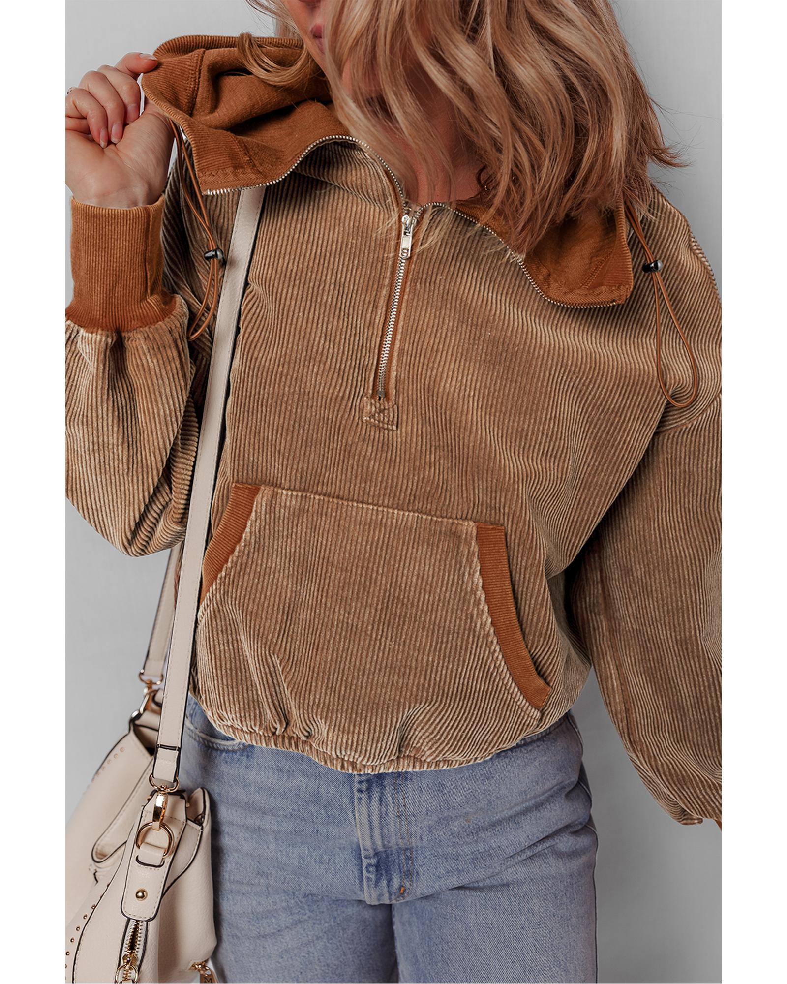 Chestnut Half Zipper Kangaroo Pocket Drawstring Corduroy Hoodie - L