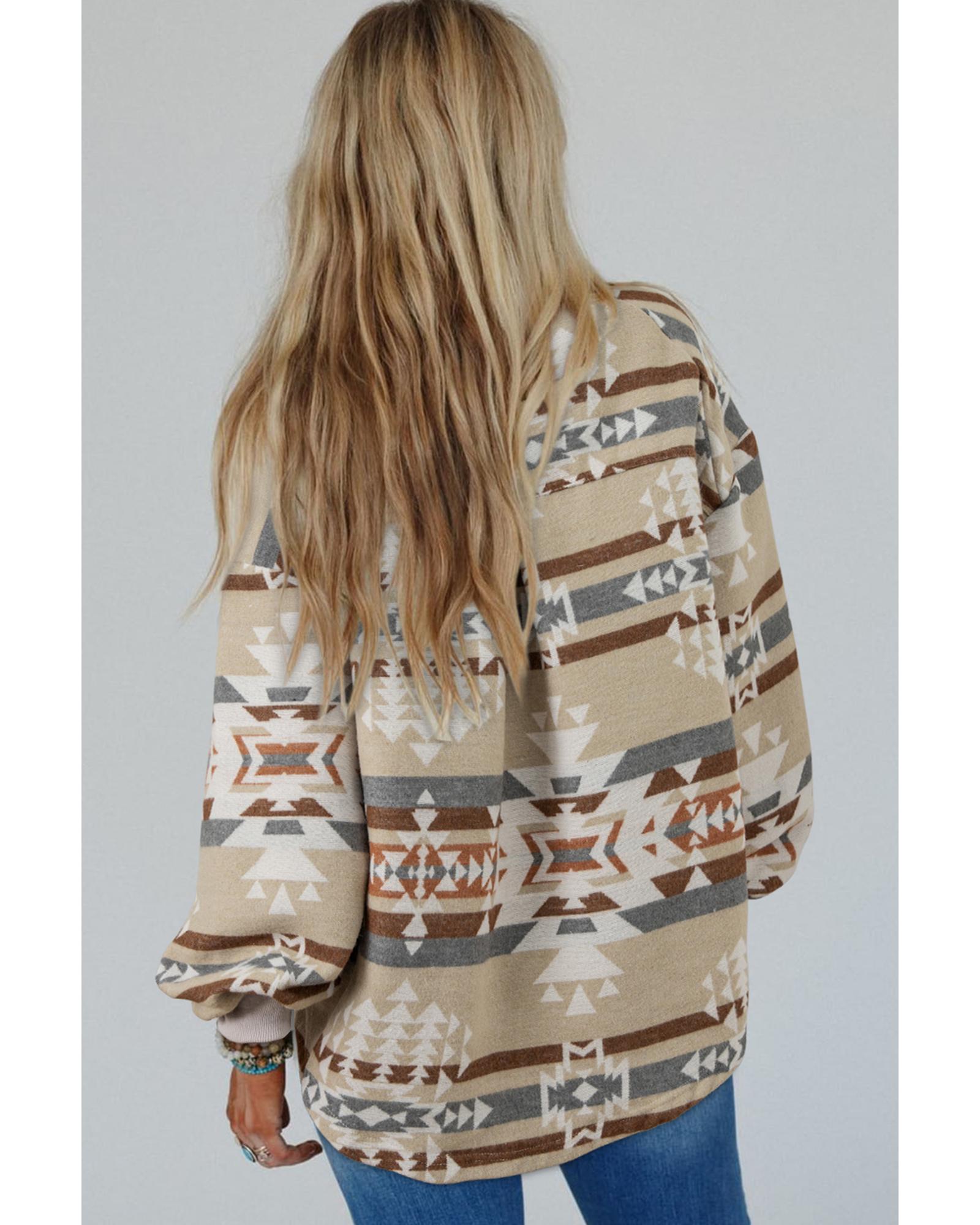 Apricot Aztec Print Collared Flap Pocket Sweatshirt - 2XL