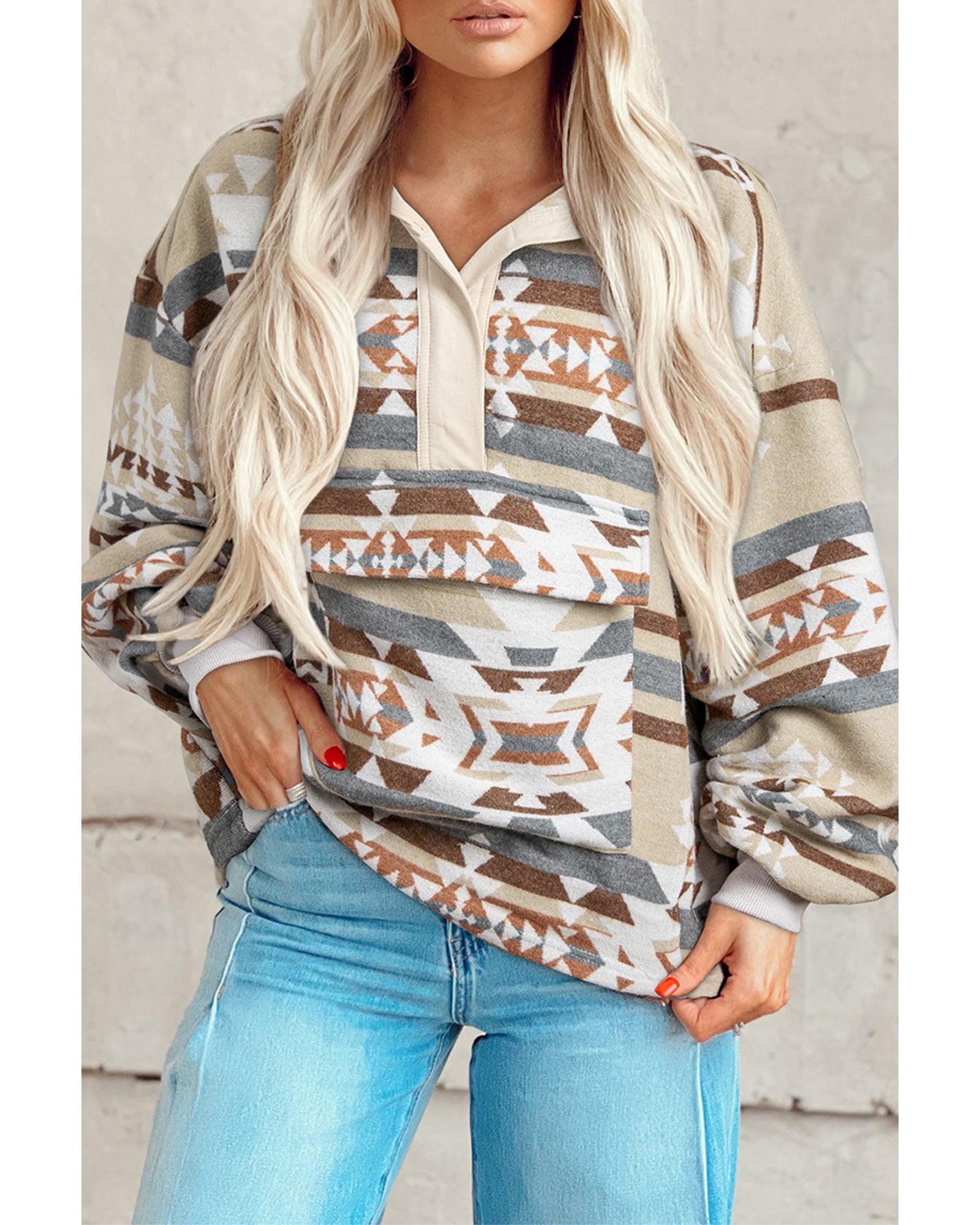 Apricot Aztec Print Collared Flap Pocket Sweatshirt - 2XL