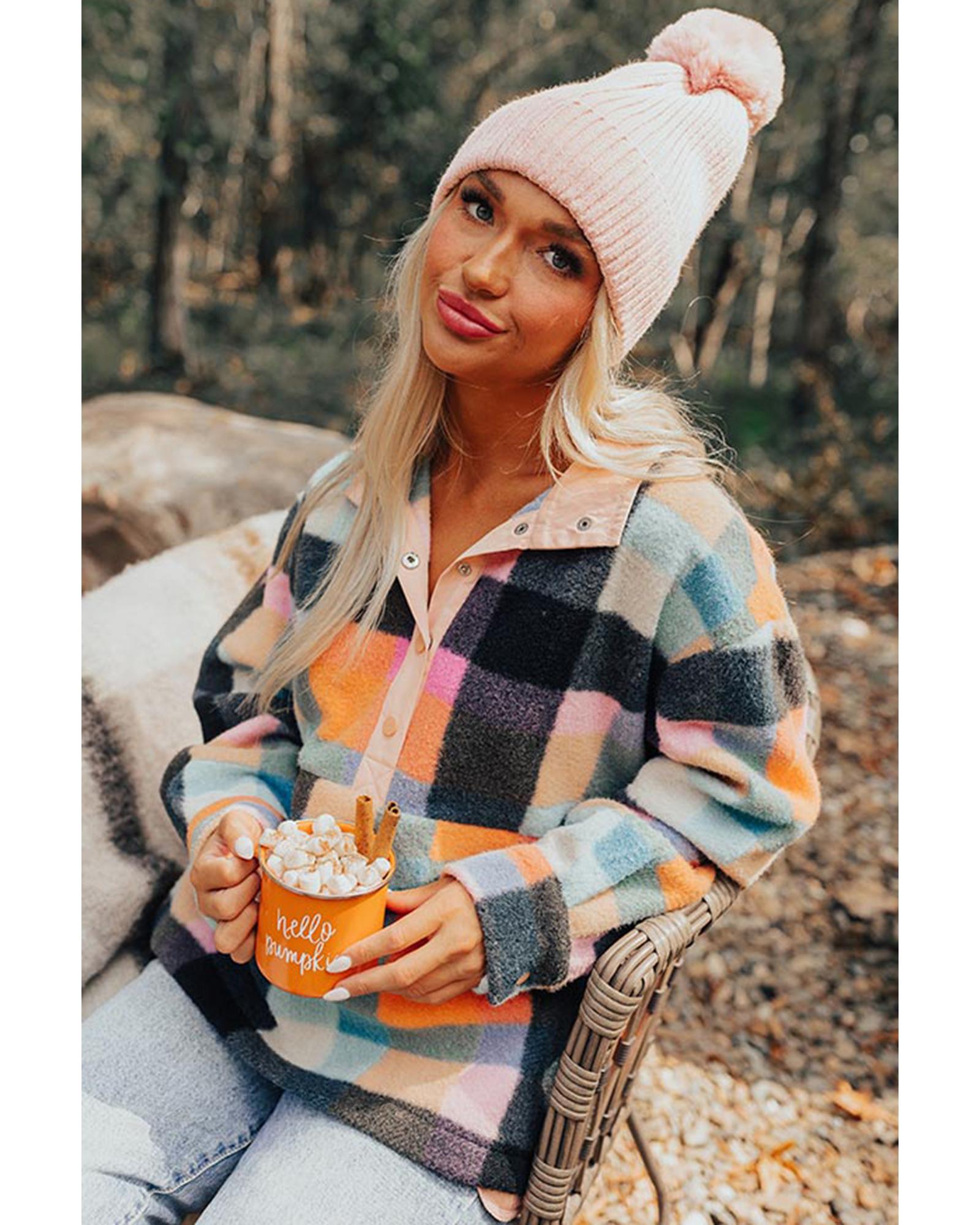 Black Plaid Print Pocketed Half Button Collared Sweatshirt - M