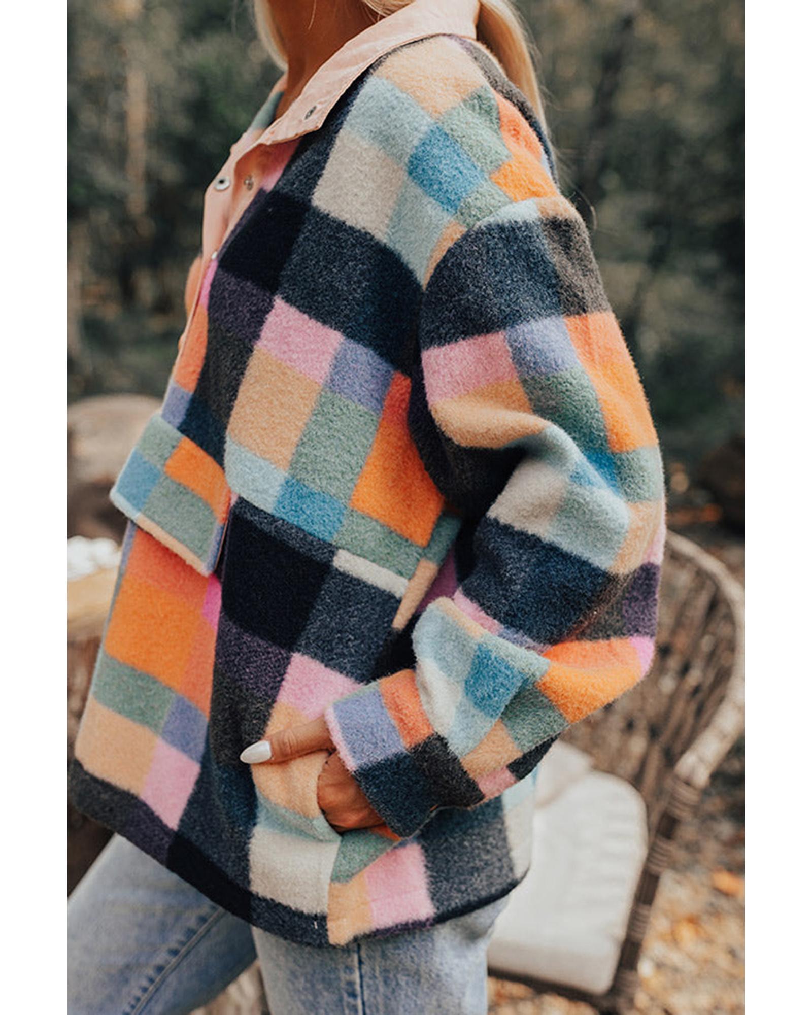 Black Plaid Print Pocketed Half Button Collared Sweatshirt - M