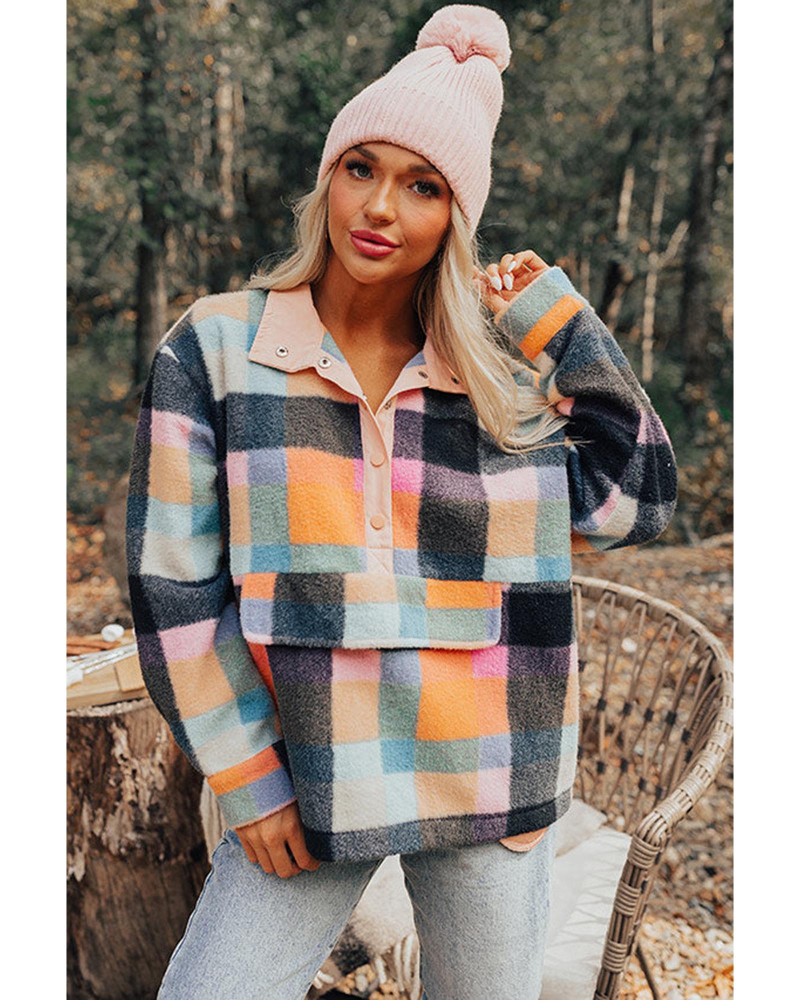 Black Plaid Print Pocketed Half Button Collared Sweatshirt - M