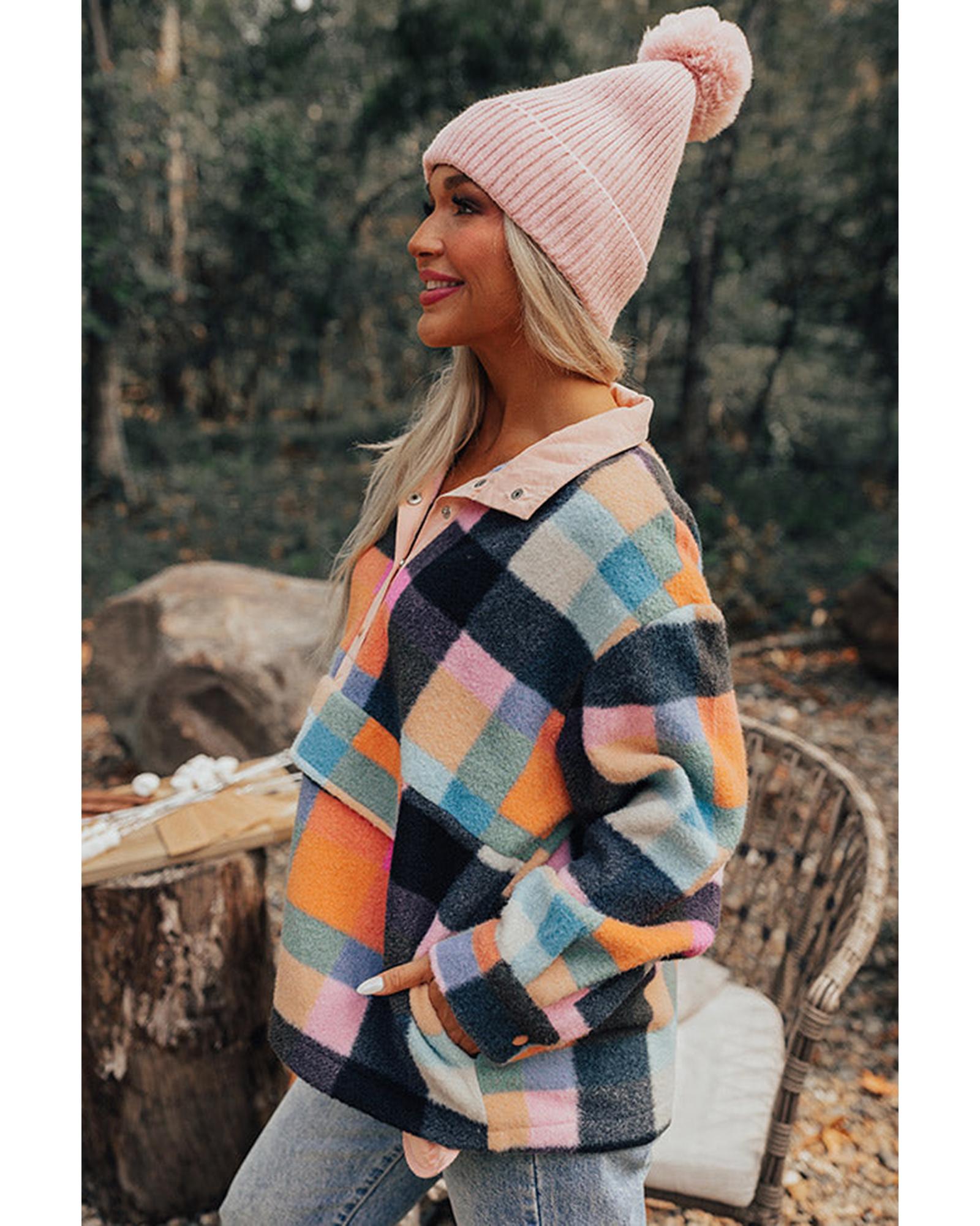 Black Plaid Print Pocketed Half Button Collared Sweatshirt - M