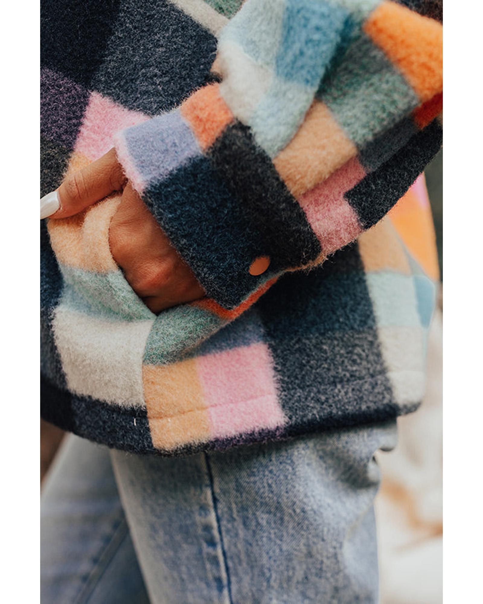 Black Plaid Print Pocketed Half Button Collared Sweatshirt - M