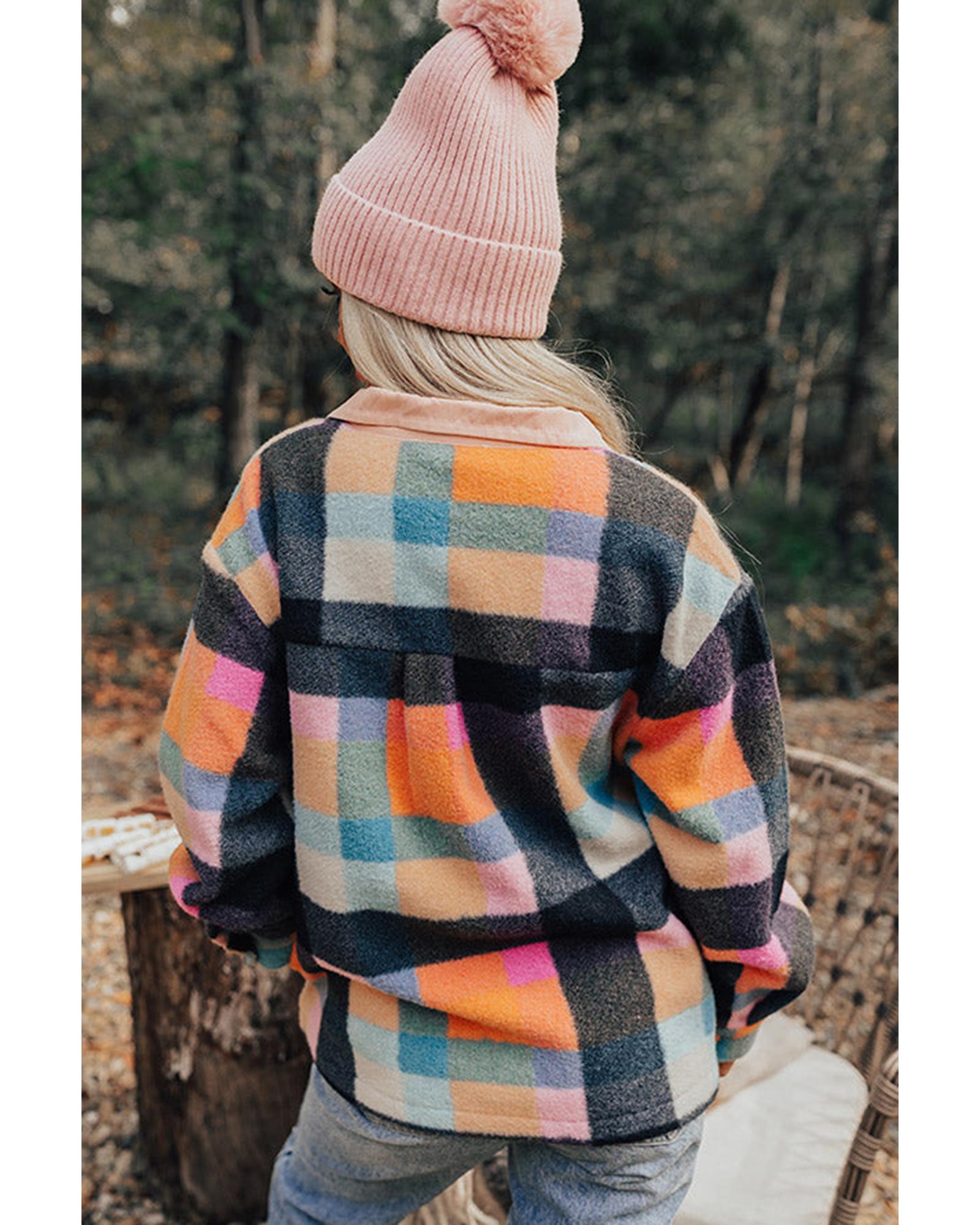 Black Plaid Print Pocketed Half Button Collared Sweatshirt - M