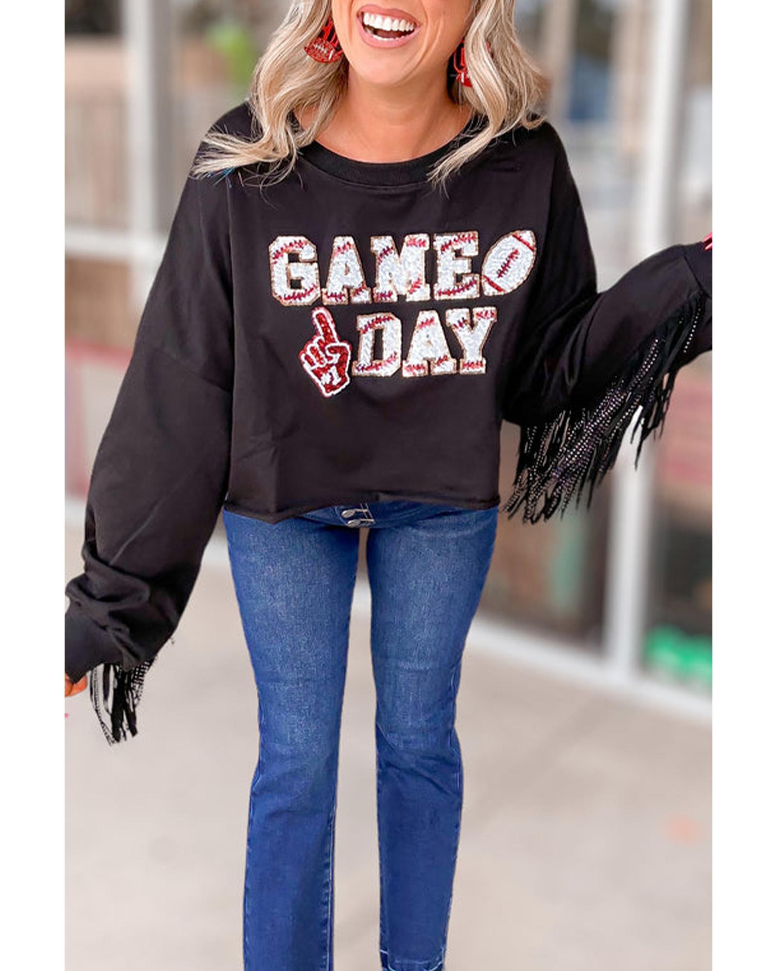 Black GAME DAY Rugby Sequined Tasseled Cropped Sweatshirt - L