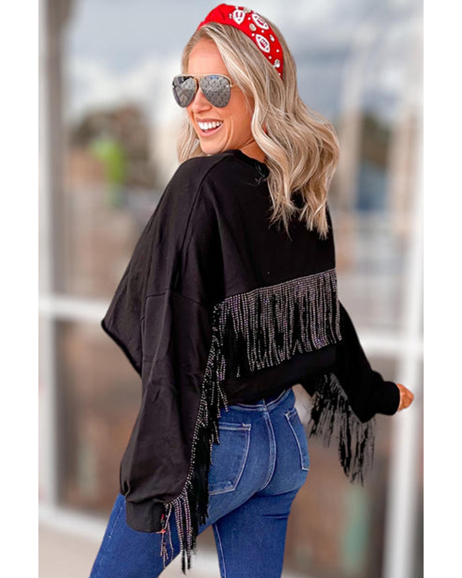 Black GAME DAY Rugby Sequined Tasseled Cropped Sweatshirt - L