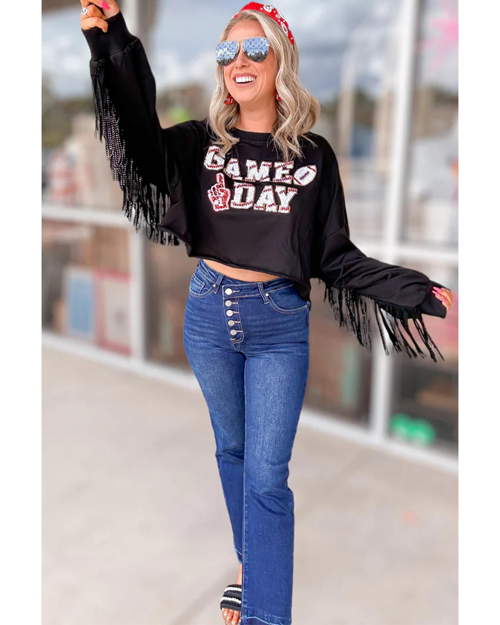Black GAME DAY Rugby Sequined Tasseled Cropped Sweatshirt - M