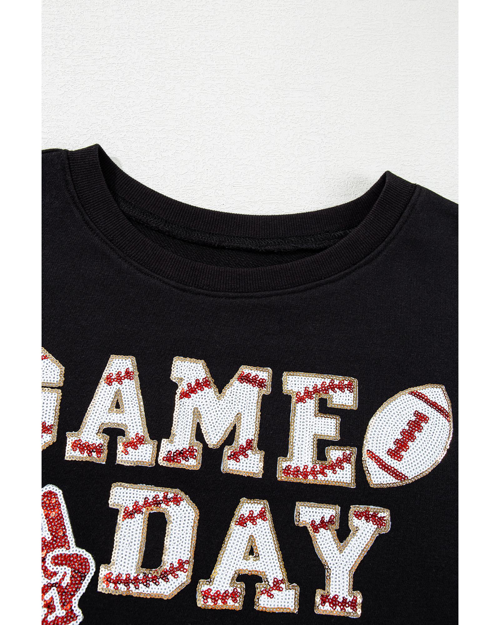 Black GAME DAY Rugby Sequined Tasseled Cropped Sweatshirt - M