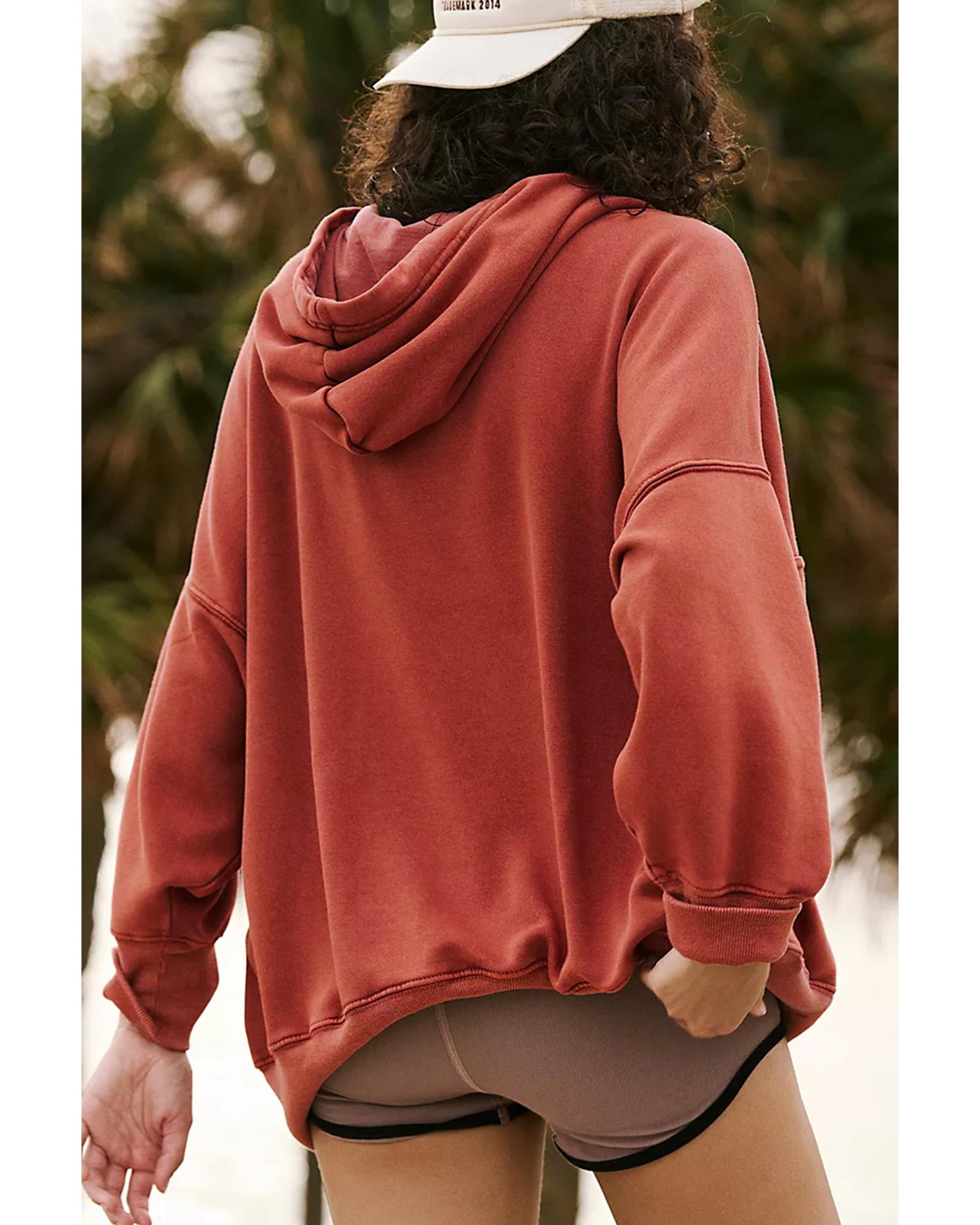 Red Clay Drop Shoulder Pocketed Baggy Drawstring Hoodie - 2XL