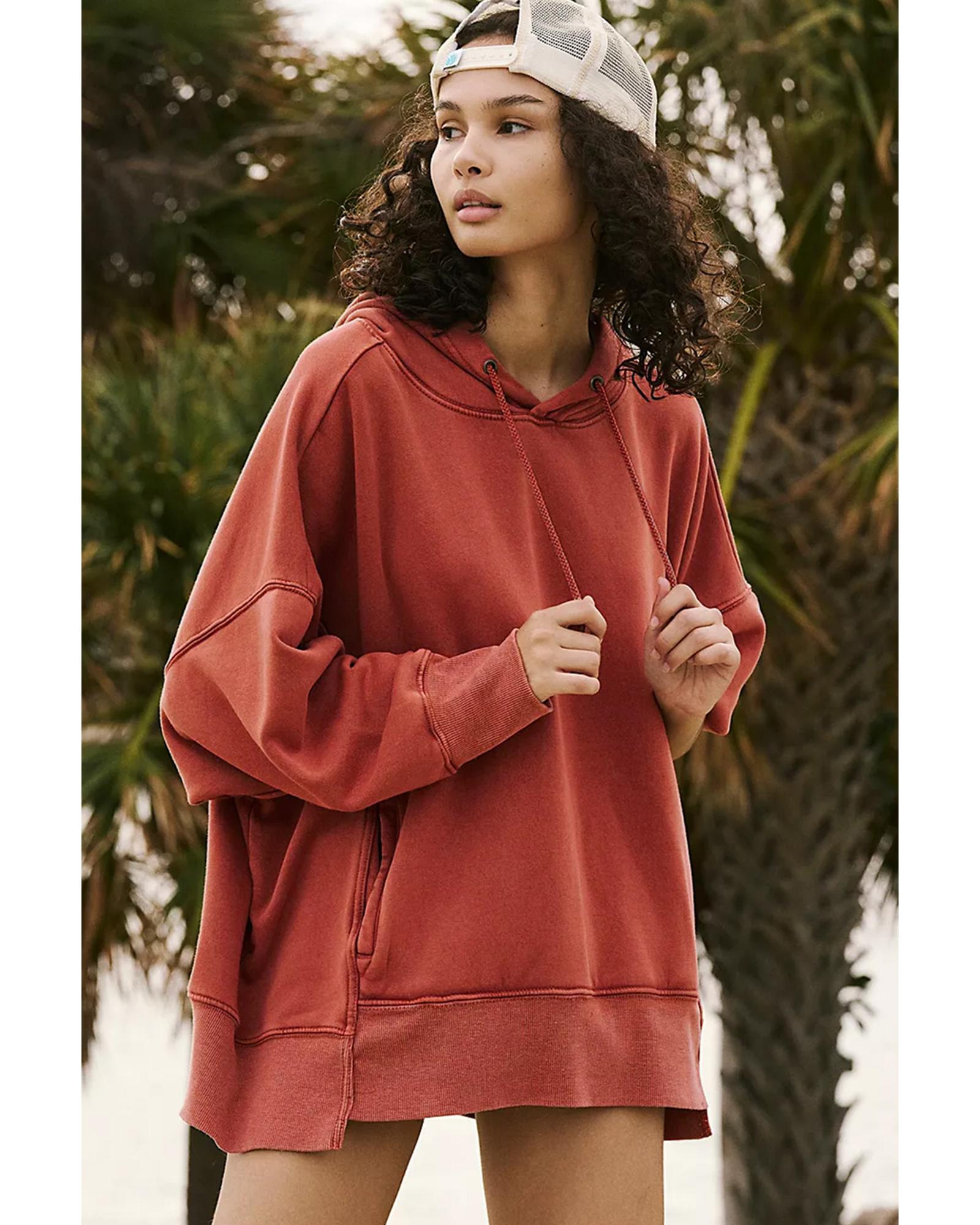 Red Clay Drop Shoulder Pocketed Baggy Drawstring Hoodie - 2XL