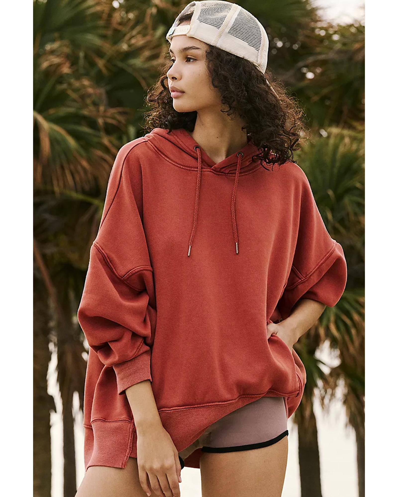 Red Clay Drop Shoulder Pocketed Baggy Drawstring Hoodie - 2XL