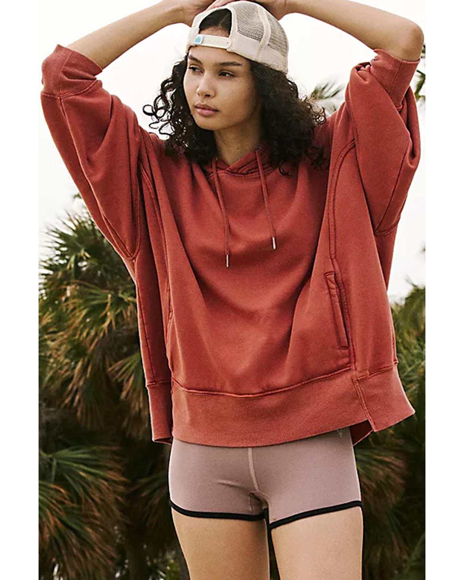 Red Clay Drop Shoulder Pocketed Baggy Drawstring Hoodie - 2XL