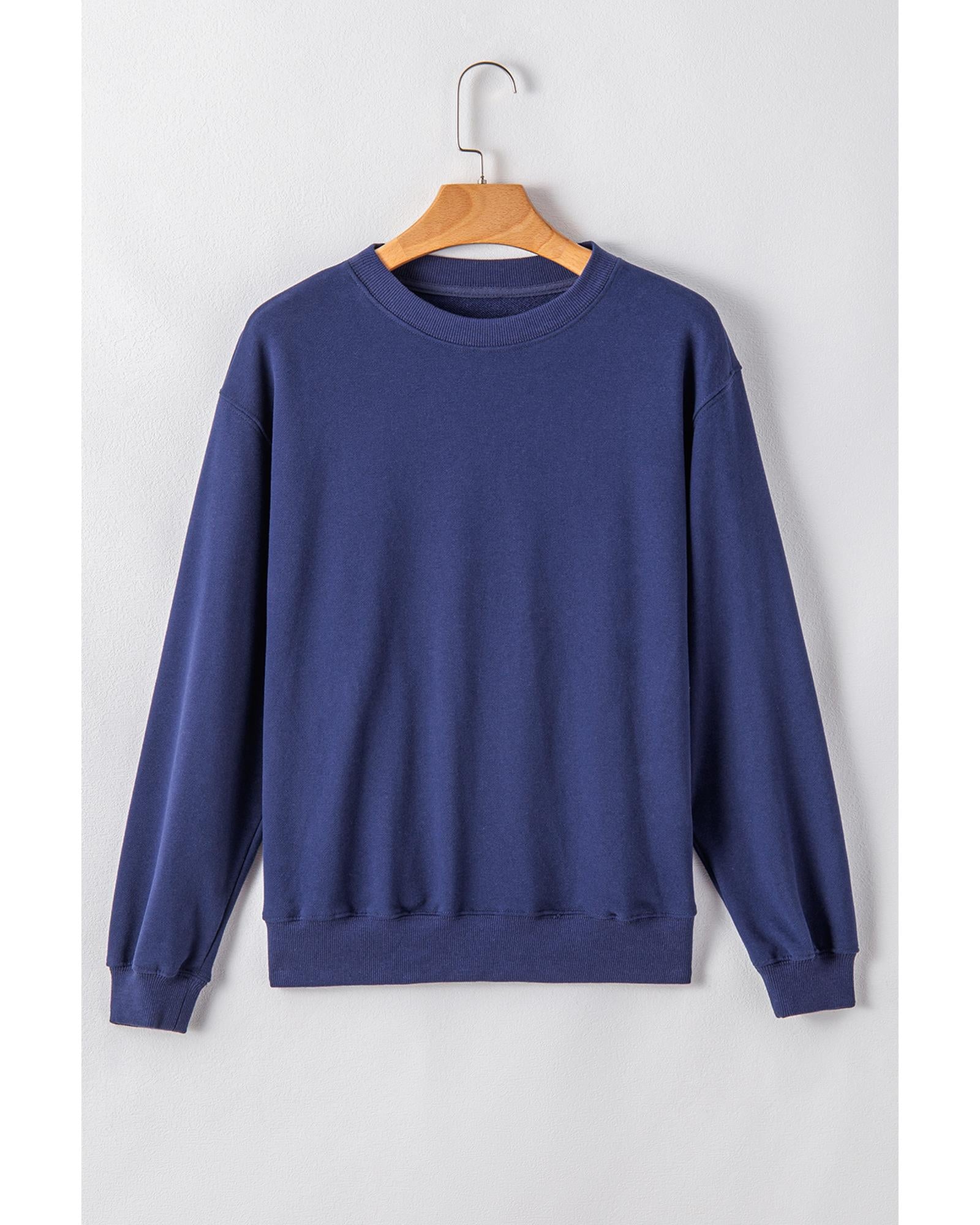 Navy Blue Plain Drop Shoulder Crewneck Pullover Sweatshirt - XL