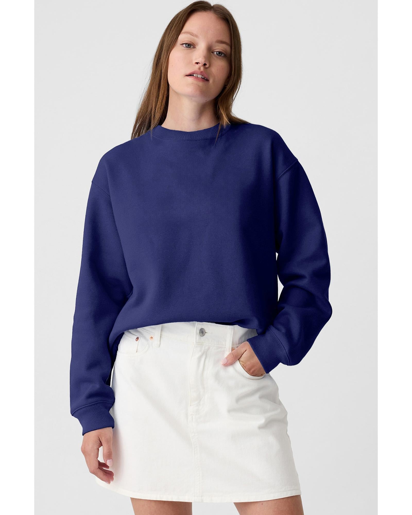 Navy Blue Plain Drop Shoulder Crewneck Pullover Sweatshirt - XL