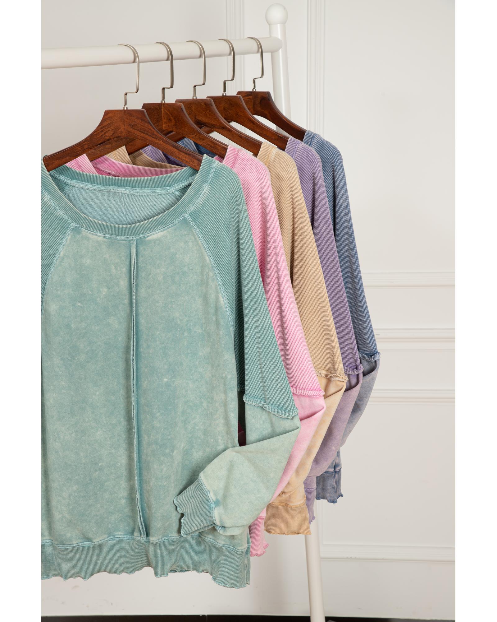 Light French Beige Solid Waffle Knit Patchwork Raglan Sleeve Sweatshirt - S