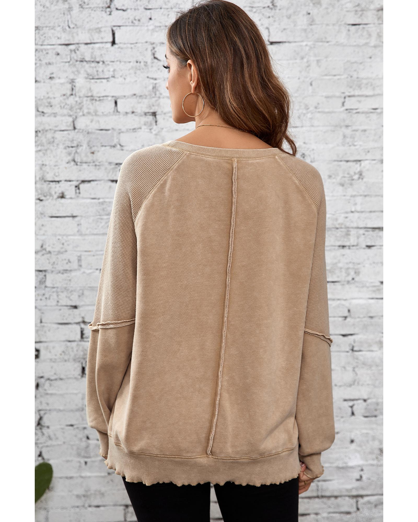 Light French Beige Solid Waffle Knit Patchwork Raglan Sleeve Sweatshirt - S