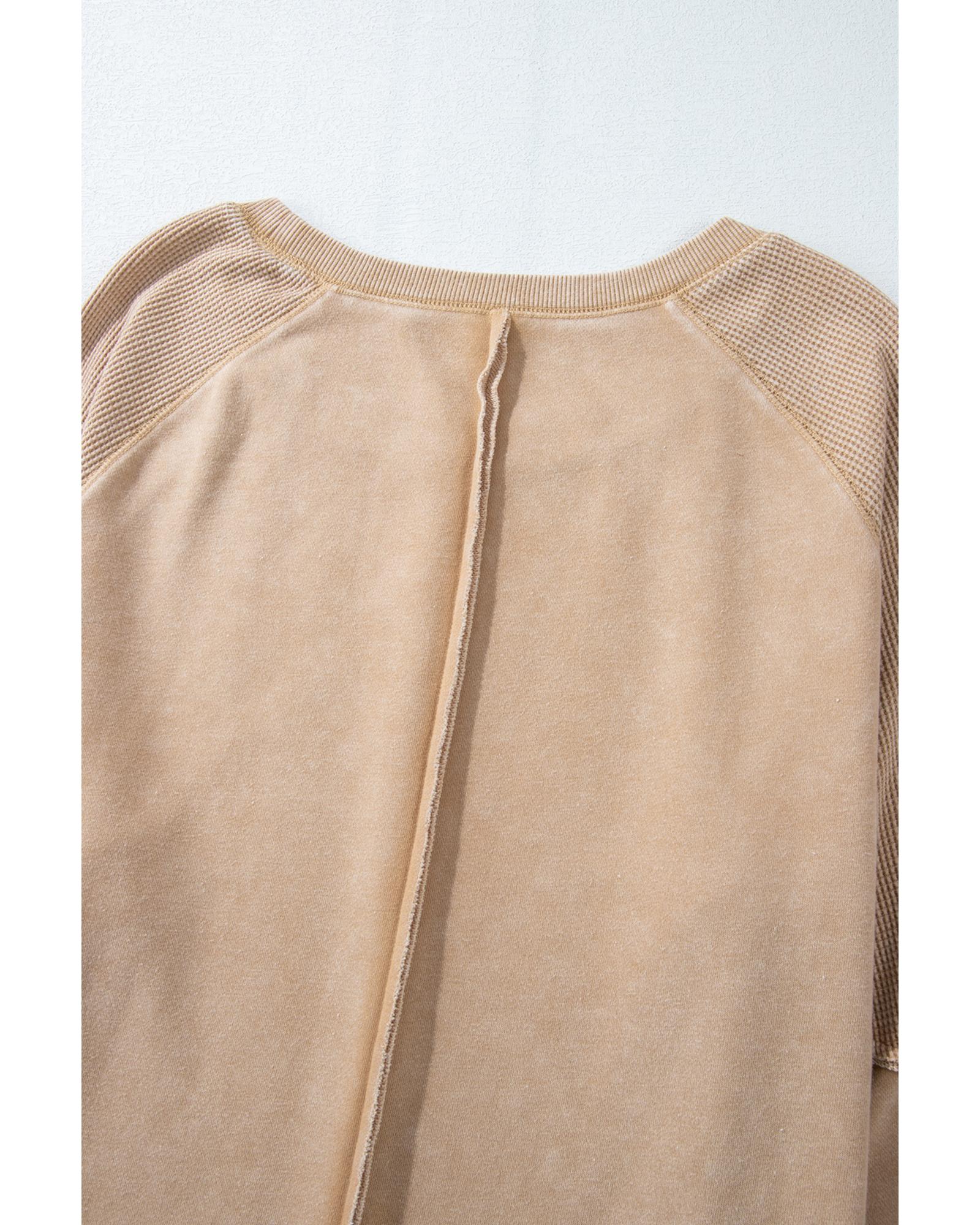Light French Beige Solid Waffle Knit Patchwork Raglan Sleeve Sweatshirt - S