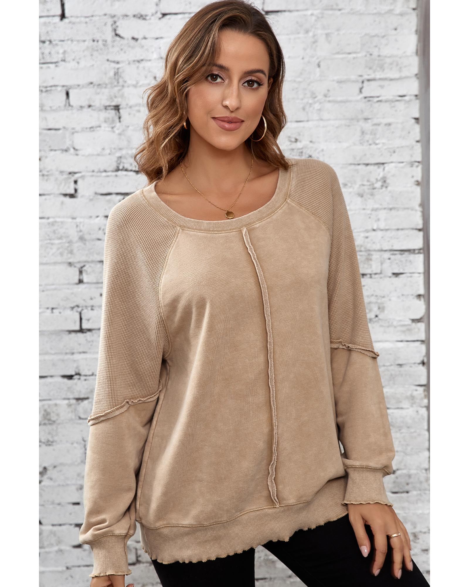 Light French Beige Solid Waffle Knit Patchwork Raglan Sleeve Sweatshirt - S