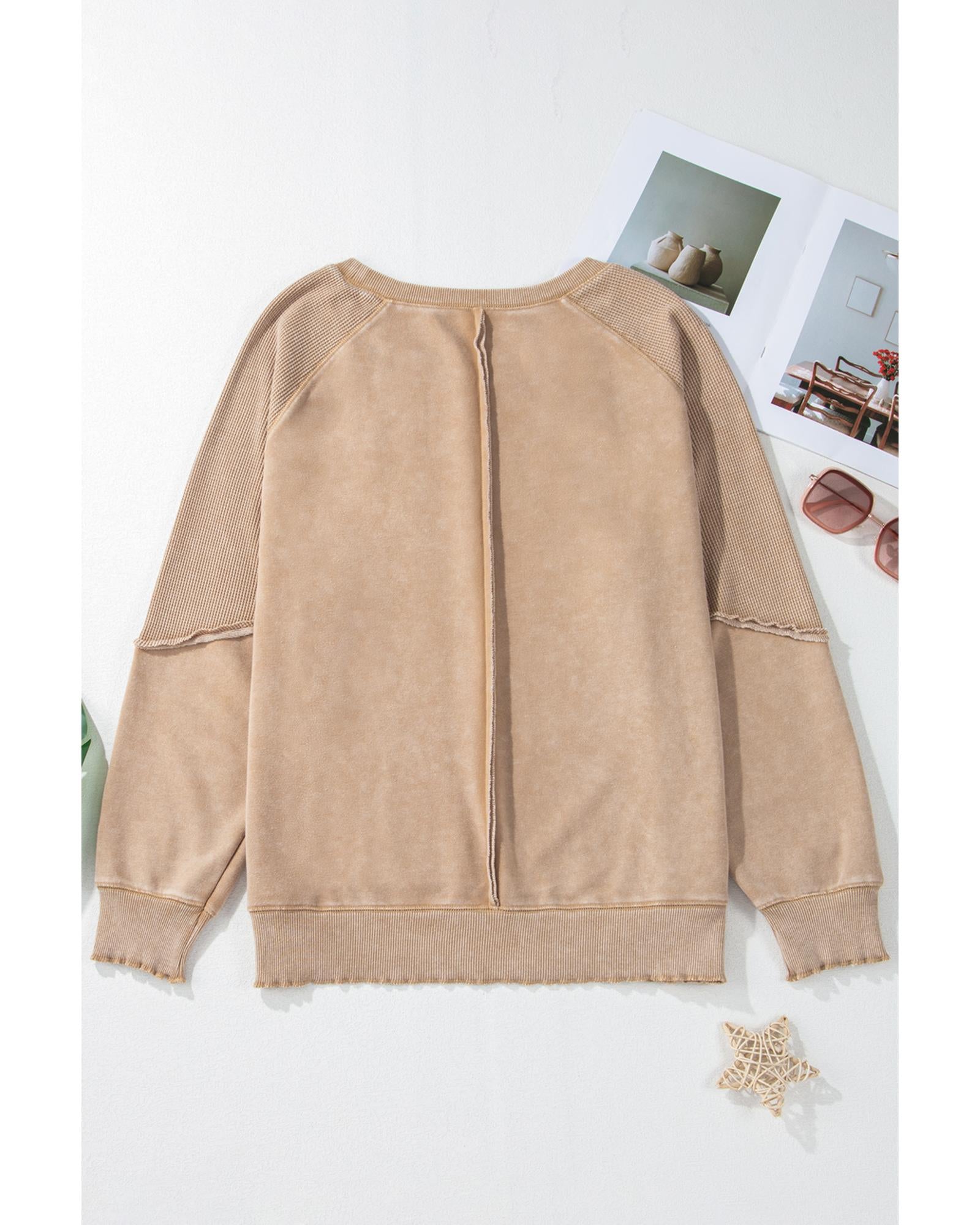 Light French Beige Solid Waffle Knit Patchwork Raglan Sleeve Sweatshirt - S